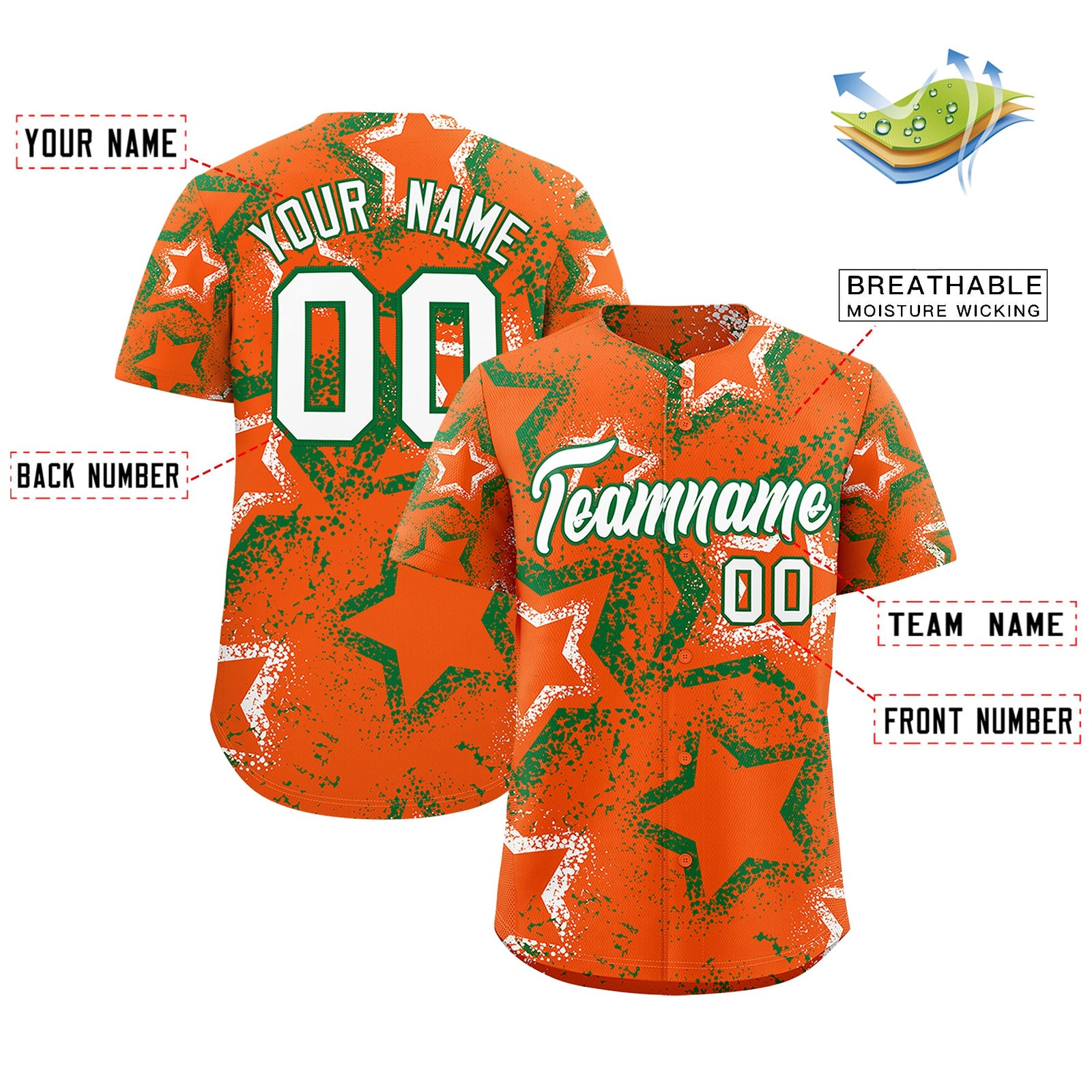 Custom Orange Kelly Green White Star-Shaped Ink Texture Graffiti Pattern Baseball Jersey | Sublimation Printed & Stitched,Add Name and Numbern,Perfect for Parties,Perfect for Training | KXKSHOP