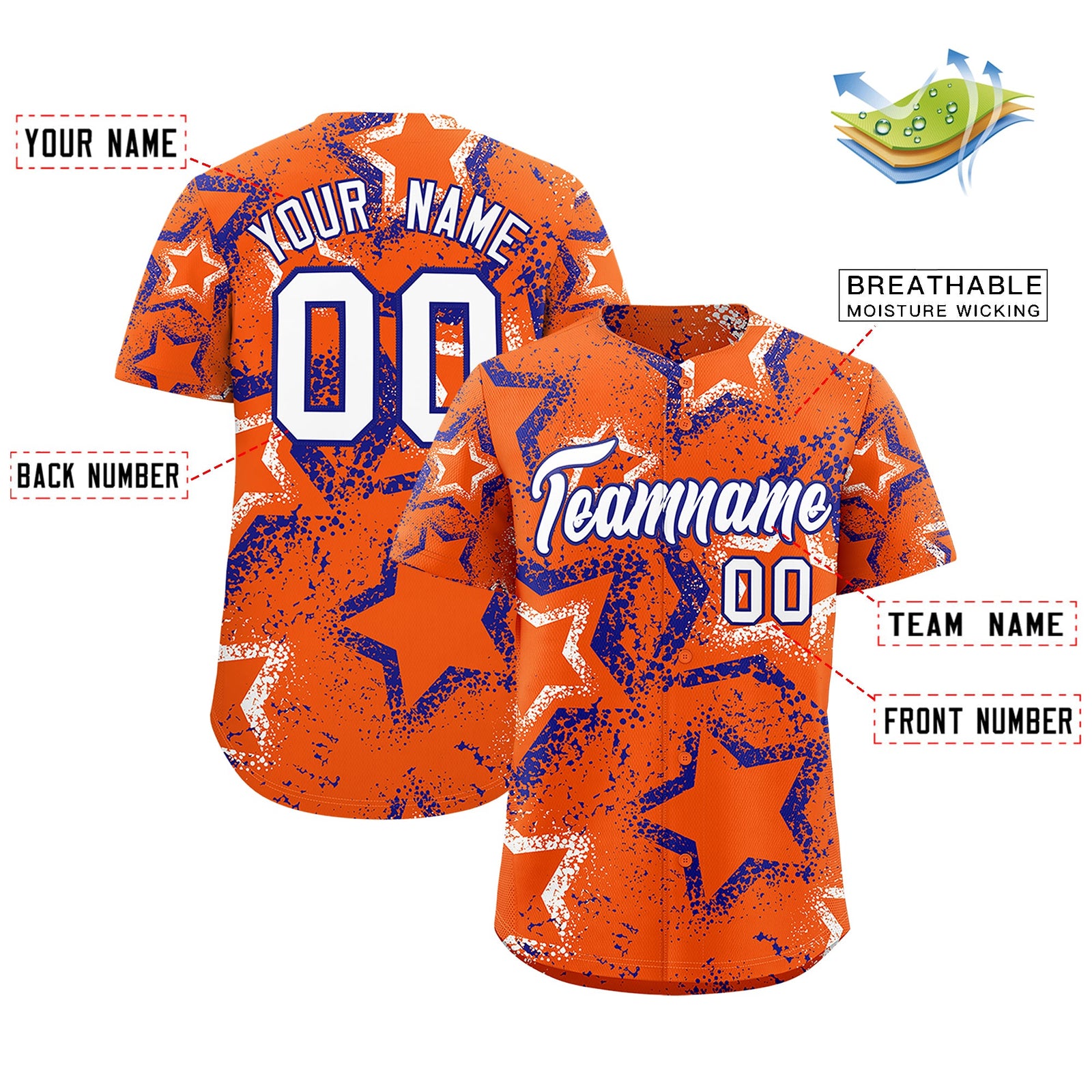 Custom Orange White Royal Blue Star-Shaped Ink Texture Graffiti Pattern Baseball Jersey | Sublimation Printed & Stitched,Add Name and Numbern,Perfect for Parties,Perfect for Training | KXKSHOP