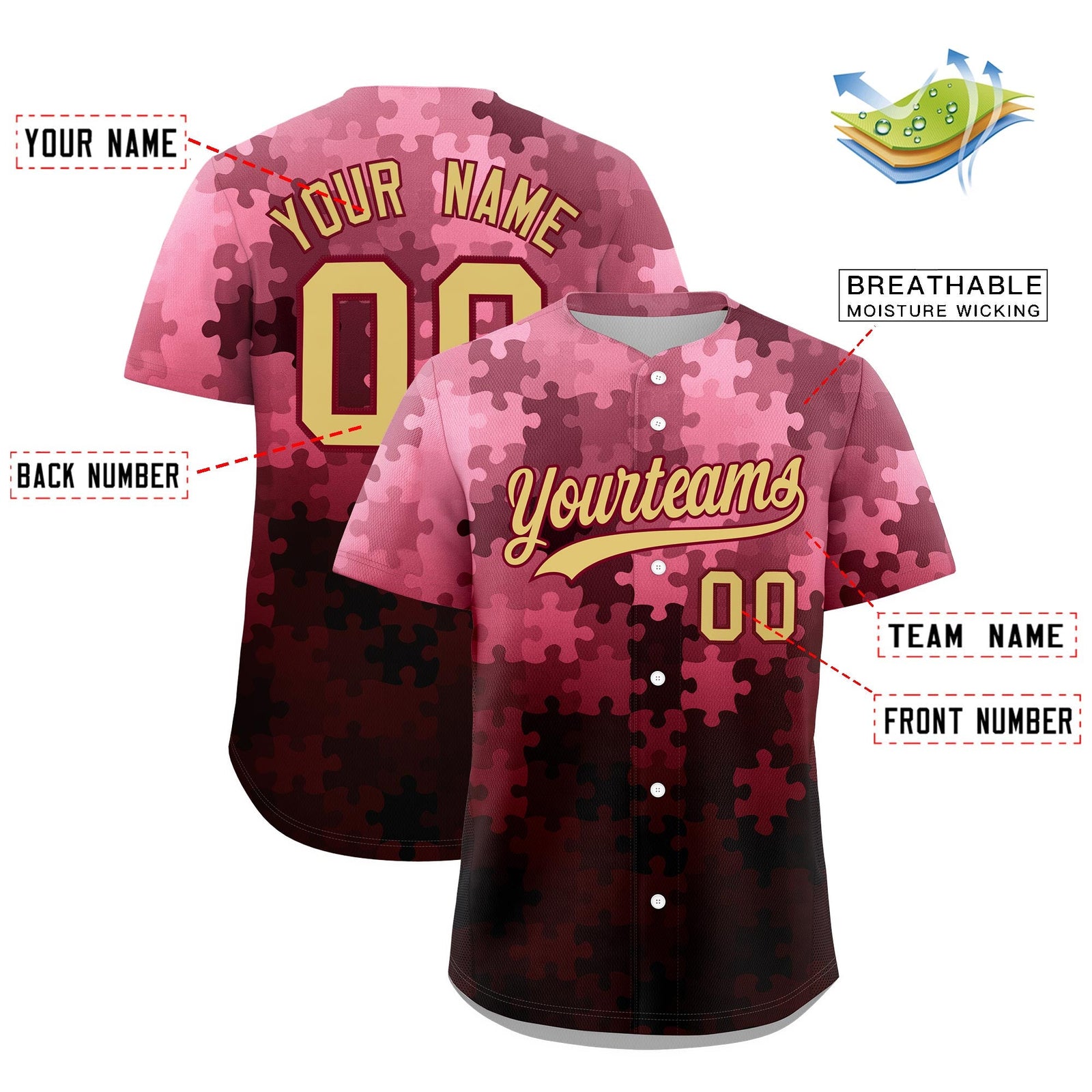 Custom Khaki Crimson Puzzle Elements Baseball Jersey | Sublimation Printed & Stitched,Add Name and Numbern,Perfect for Teams | KXKSHOP