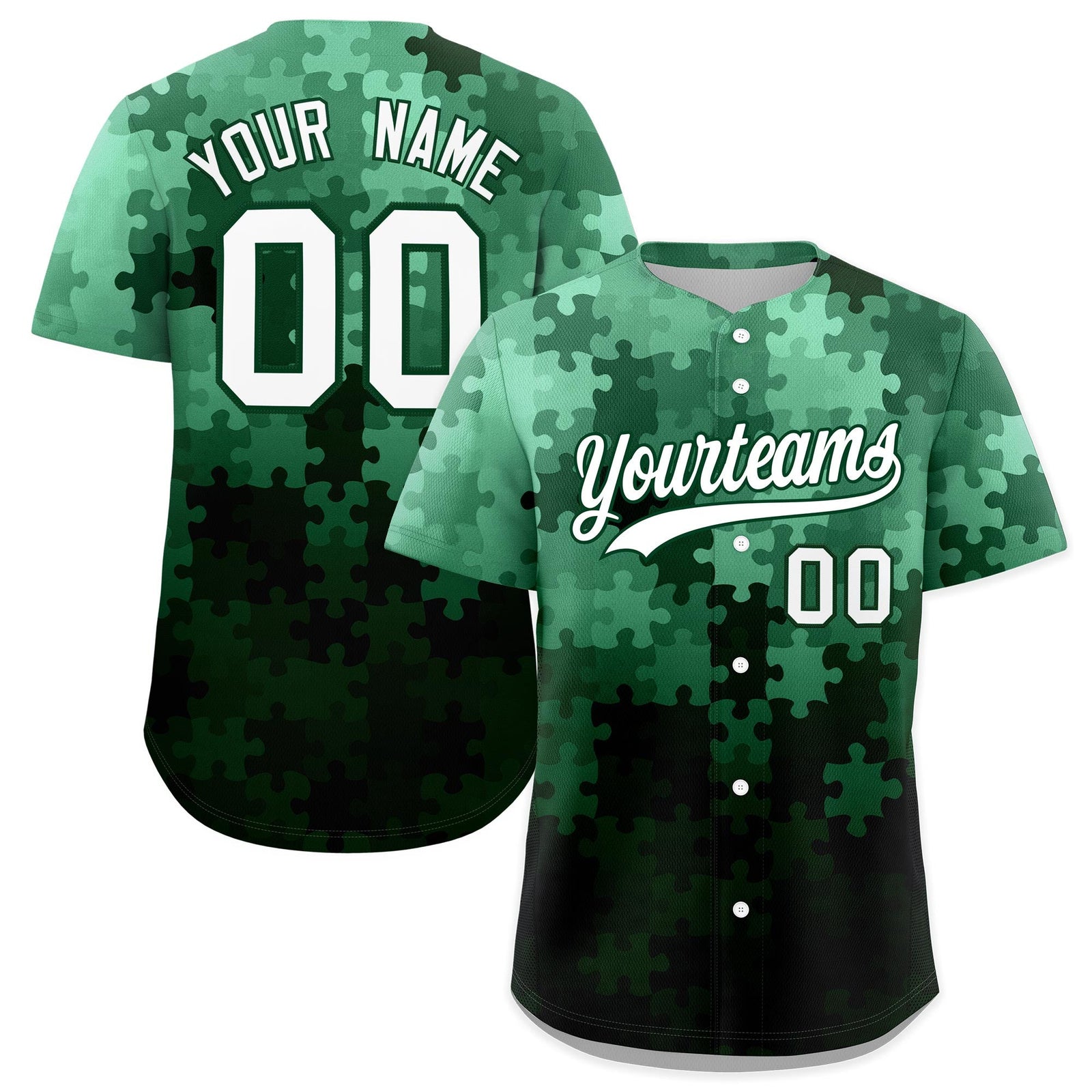 Custom White Green Puzzle Elements Baseball Jersey | Sublimation Printed & Stitched,Add Name and Numbern,Perfect for Teams | KXKSHOP