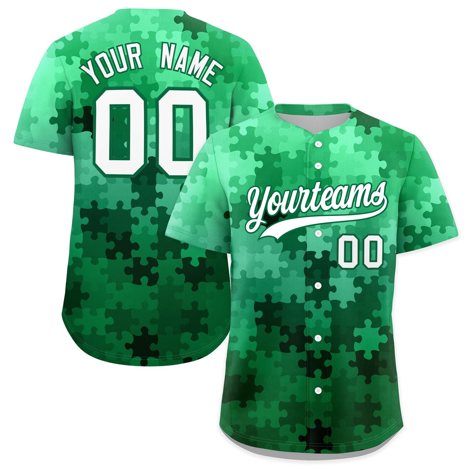 Custom White Kelly Green Puzzle Elements Baseball Jersey | Sublimation Printed & Stitched,Add Name and Numbern,Perfect for Teams | KXKSHOP