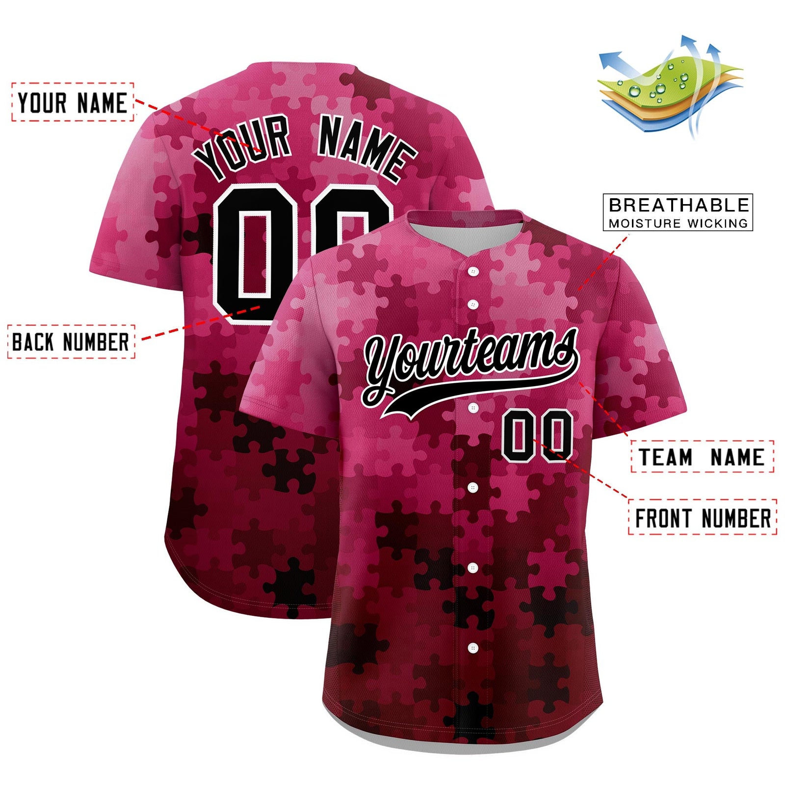 Custom Rose Red Black White Puzzle Elements Baseball Jersey | Sublimation Printed & Stitched,Add Name and Numbern,Perfect for Teams | KXKSHOP