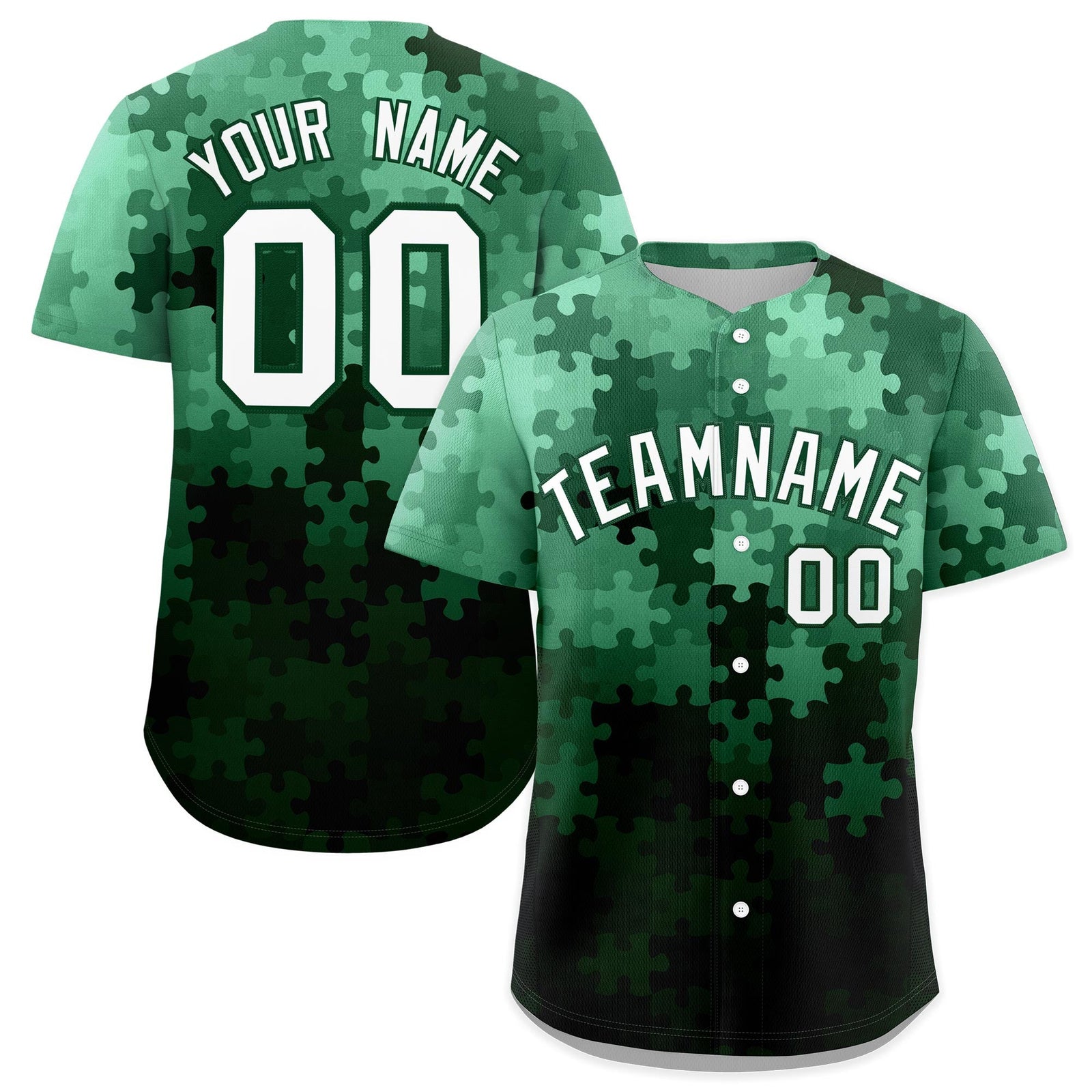 Custom White Green Puzzle Elements Baseball Jersey | Sublimation Printed & Stitched,Add Name and Numbern,Perfect for Teams | KXKSHOP