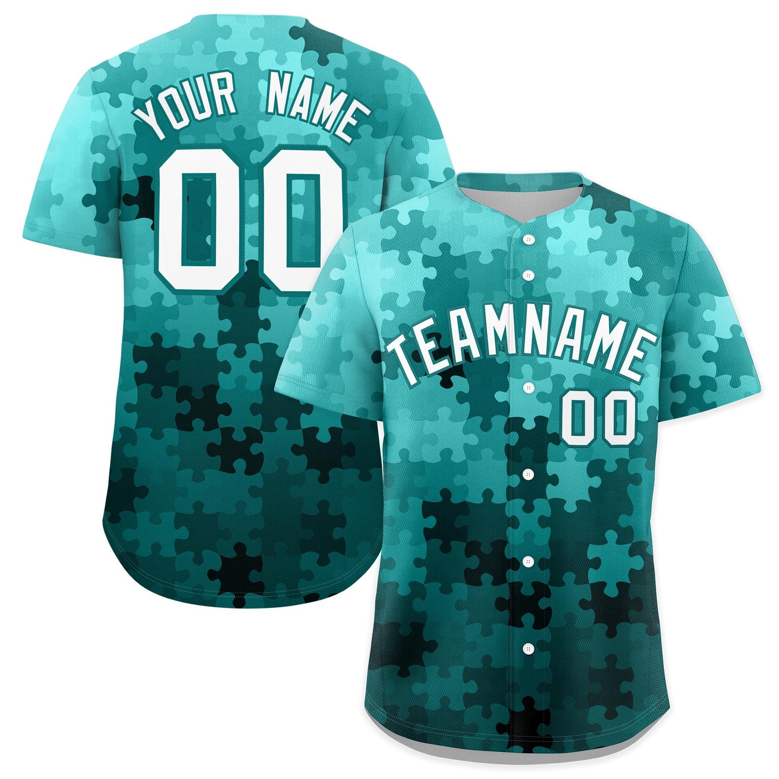 Custom White Aqua Puzzle Elements Baseball Jersey | Sublimation Printed & Stitched,Add Name and Numbern,Perfect for Teams | KXKSHOP