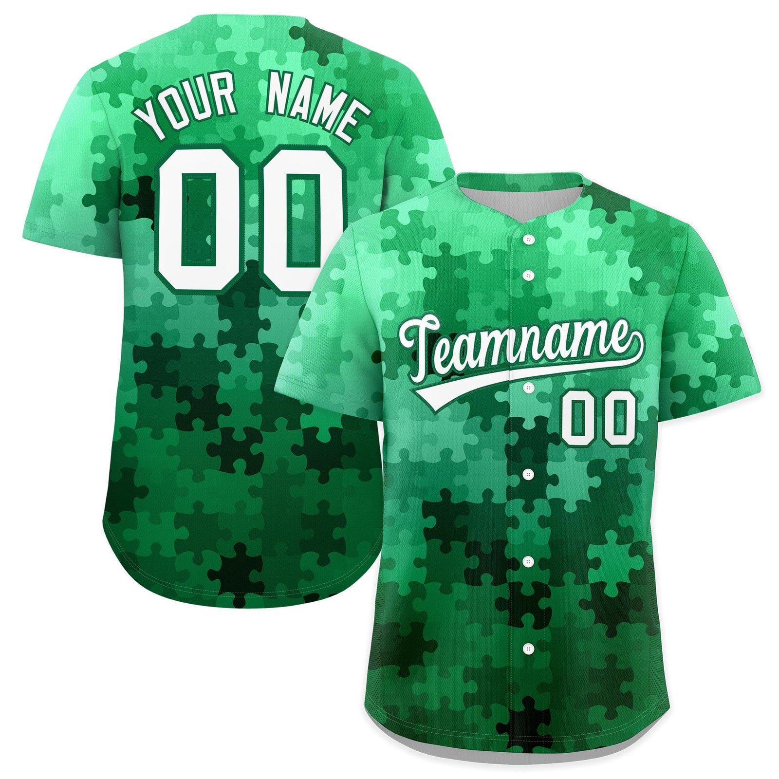 Custom White Kelly Green Puzzle Elements Baseball Jersey | Sublimation Printed & Stitched,Add Name and Numbern,Perfect for Teams | KXKSHOP