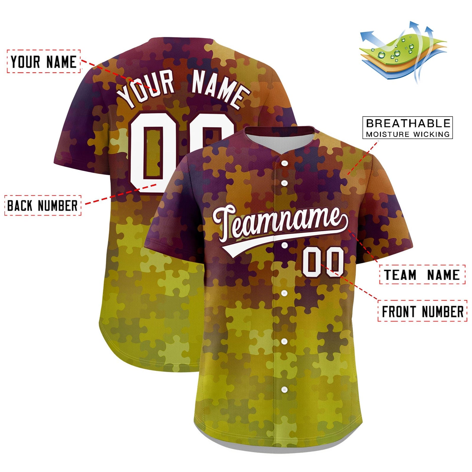 Custom White Burgundy Puzzle Elements Baseball Jersey | Sublimation Printed & Stitched,Add Name and Numbern,Perfect for Teams | KXKSHOP
