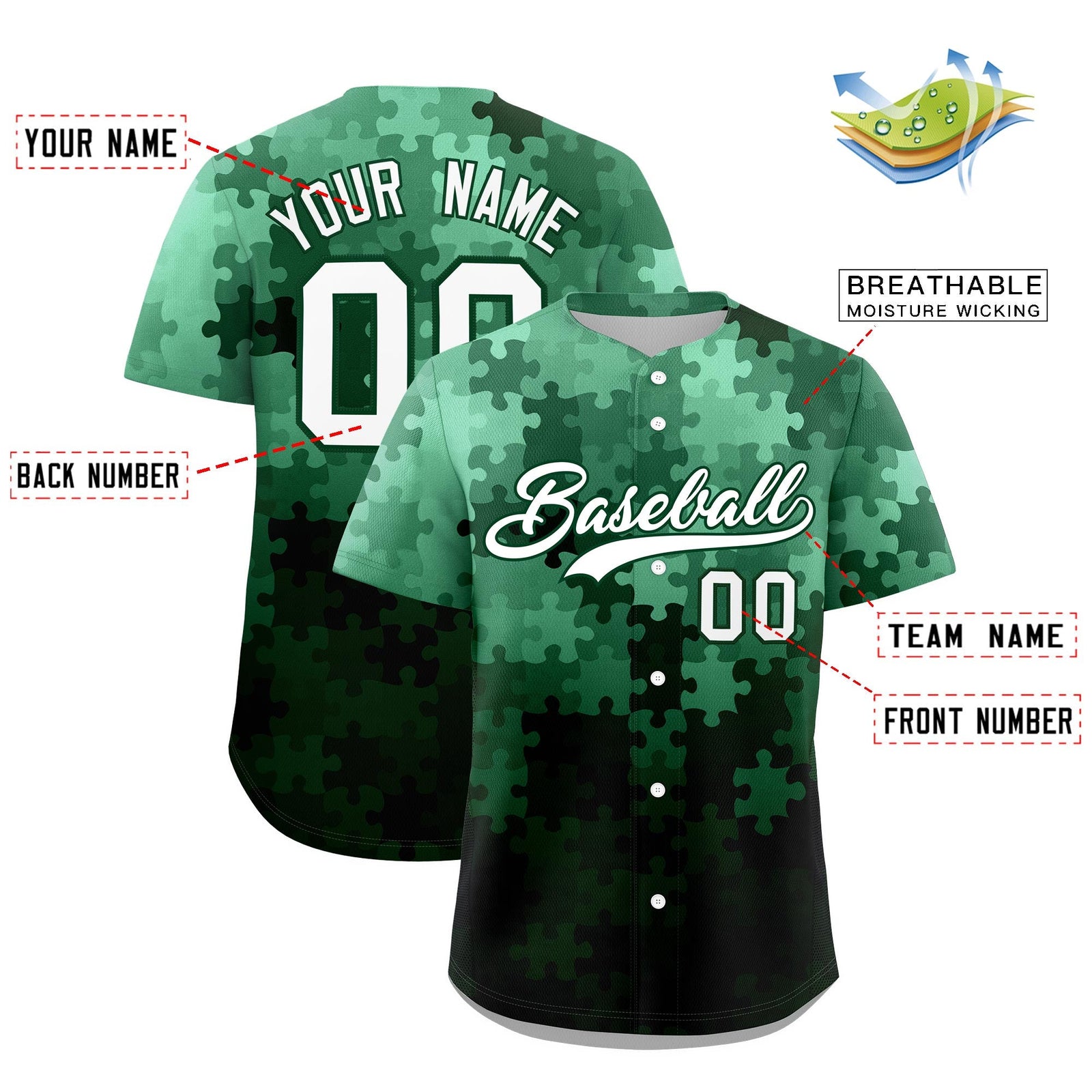 Custom White Green Puzzle Elements Baseball Jersey | Sublimation Printed & Stitched,Add Name and Numbern,Perfect for Teams | KXKSHOP
