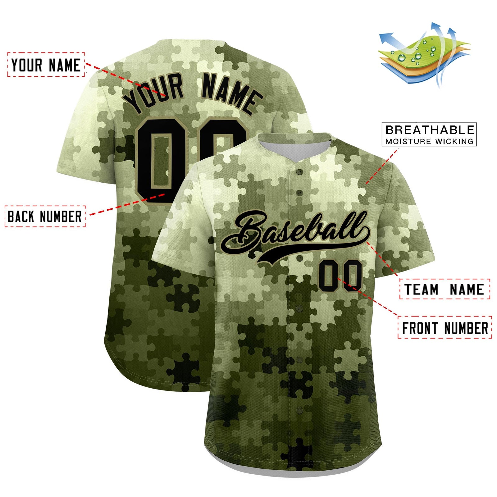 Custom Black Khaki Puzzle Elements Baseball Jersey | Sublimation Printed & Stitched,Add Name and Numbern,Perfect for Teams | KXKSHOP