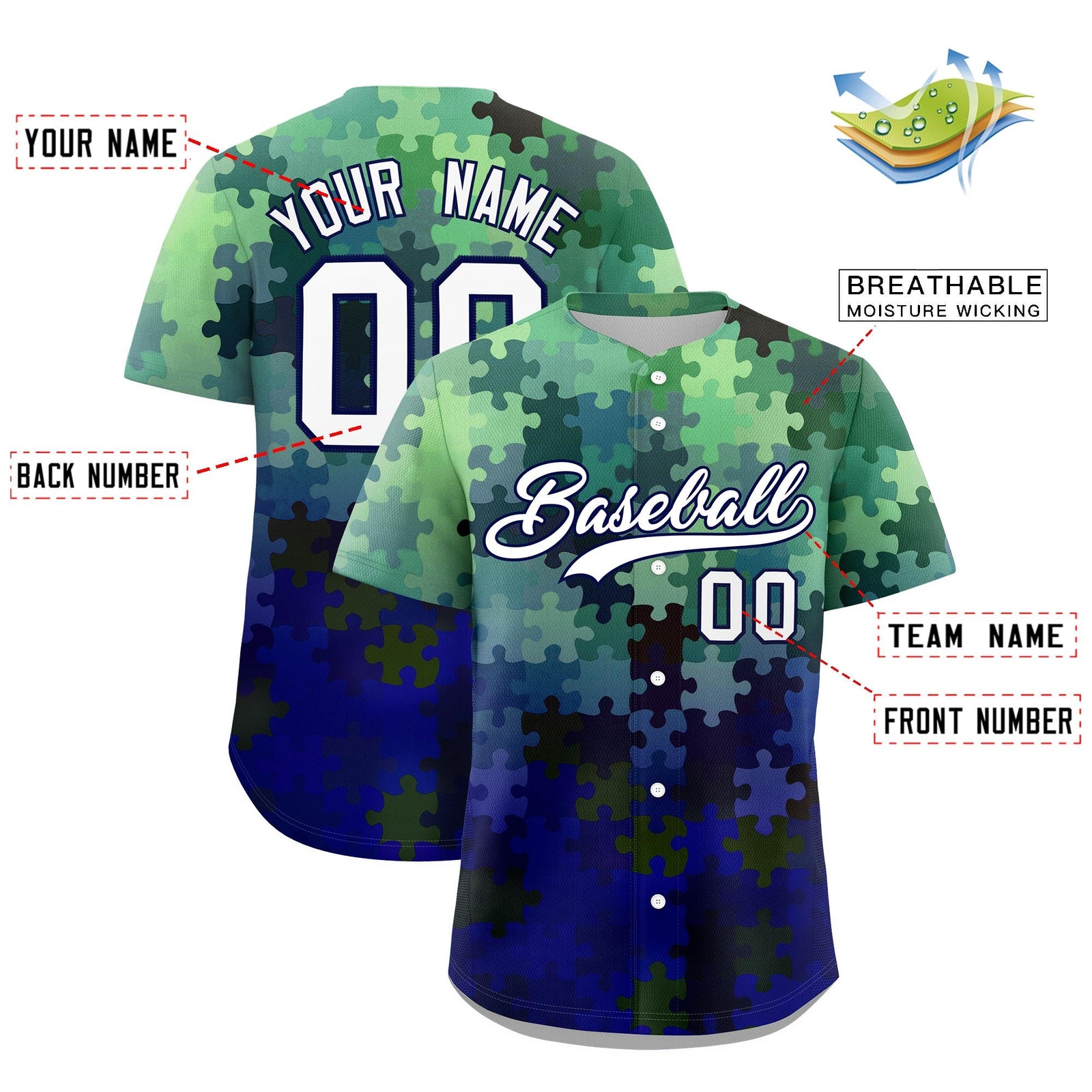 Custom White Dark Blue Puzzle Elements Baseball Jersey | Sublimation Printed & Stitched,Add Name and Numbern,Perfect for Teams | KXKSHOP