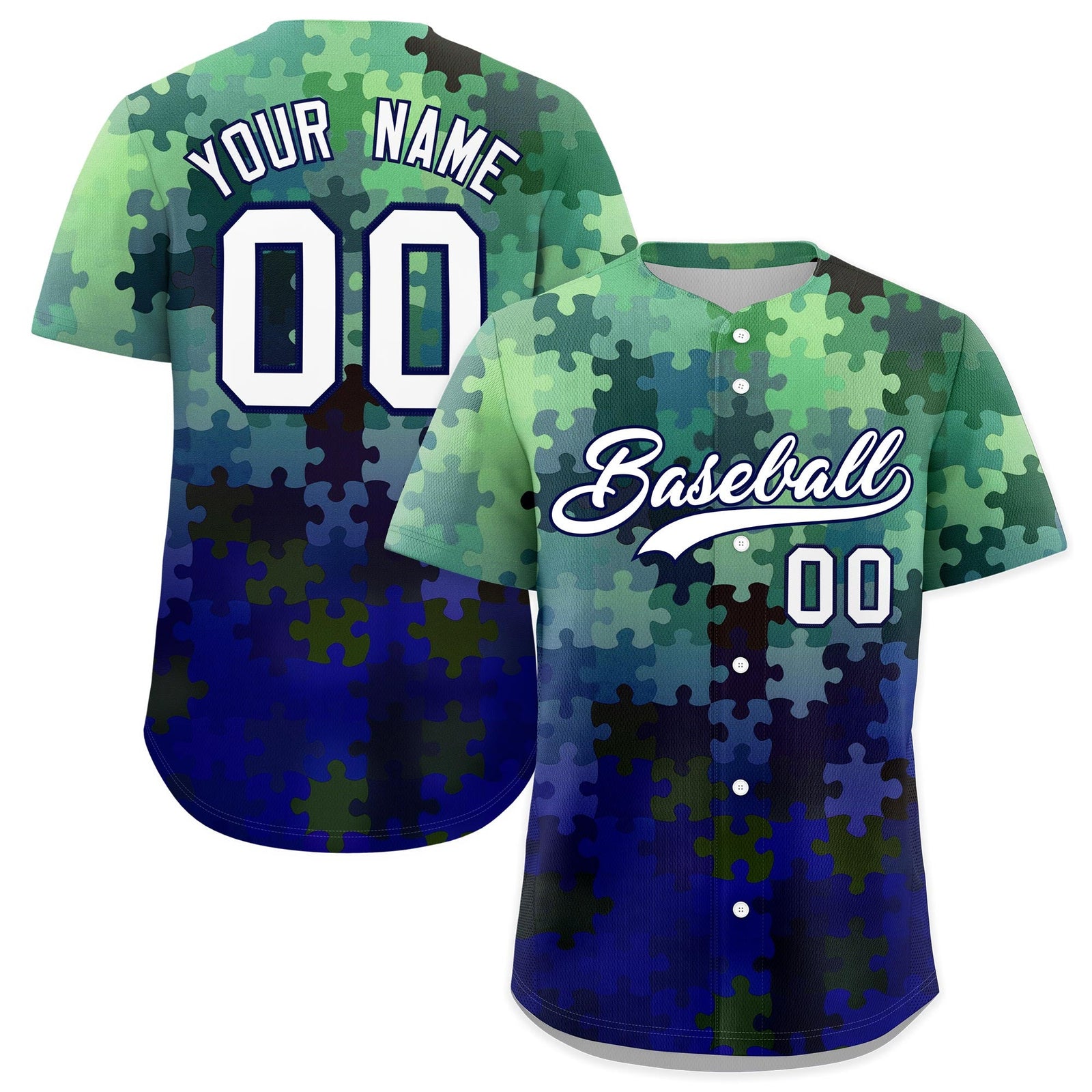 Custom White Dark Blue Puzzle Elements Baseball Jersey | Sublimation Printed & Stitched,Add Name and Numbern,Perfect for Teams | KXKSHOP
