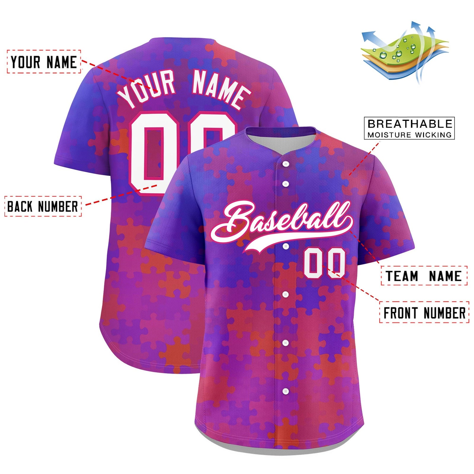Custom White Rose Red Puzzle Elements Baseball Jersey | Sublimation Printed & Stitched,Add Name and Numbern,Perfect for Teams | KXKSHOP