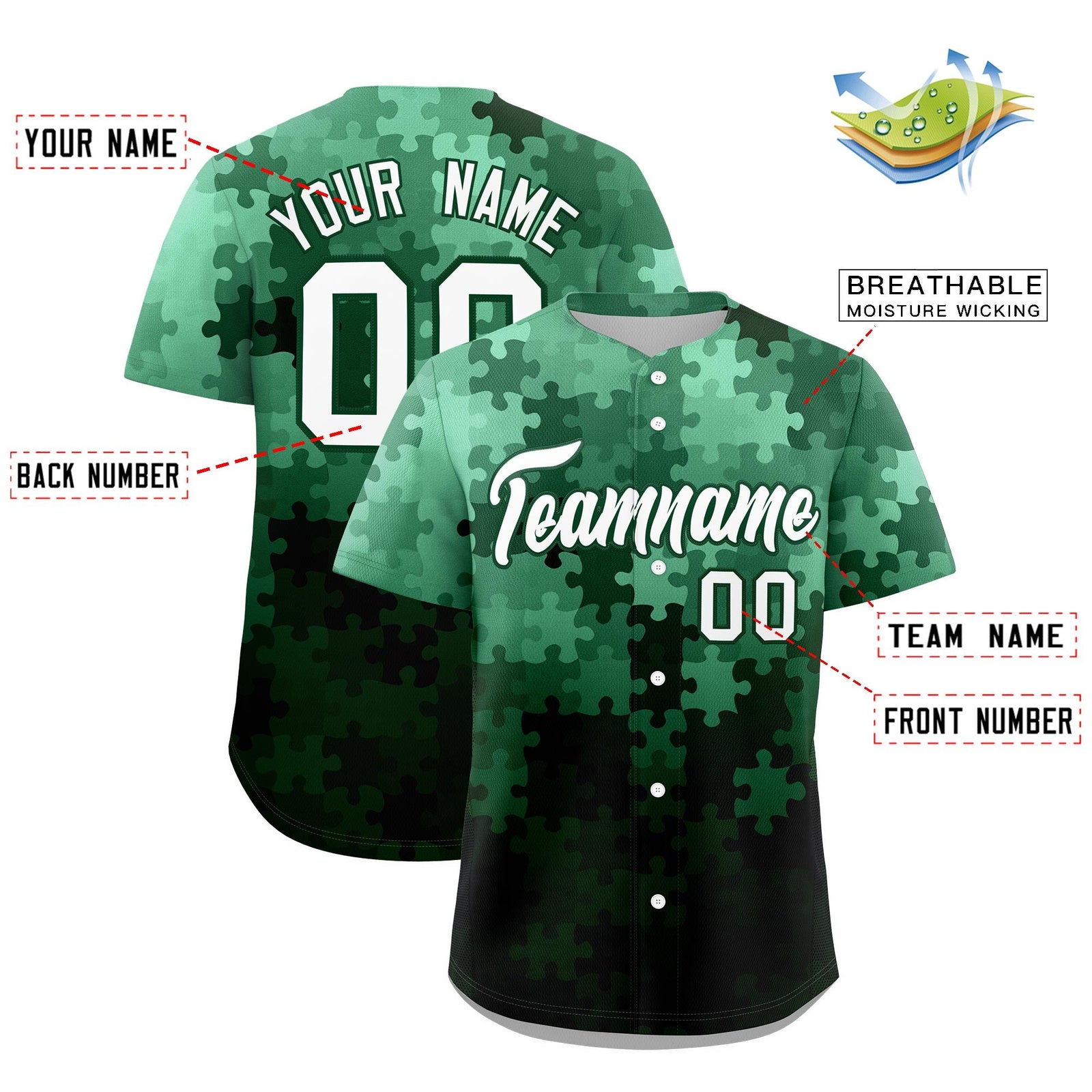 Custom White Green Puzzle Elements Baseball Jersey | Sublimation Printed & Stitched,Add Name and Numbern,Perfect for Teams | KXKSHOP