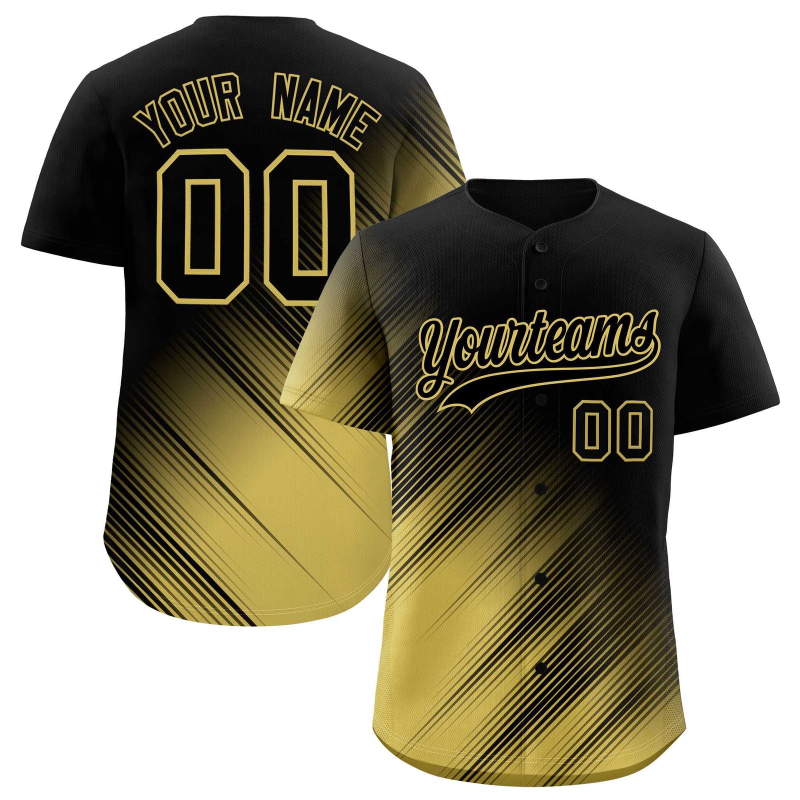 Custom Black Old Gold Diagonal Stripe Personalized Gradient Fashion Baseball Jersey