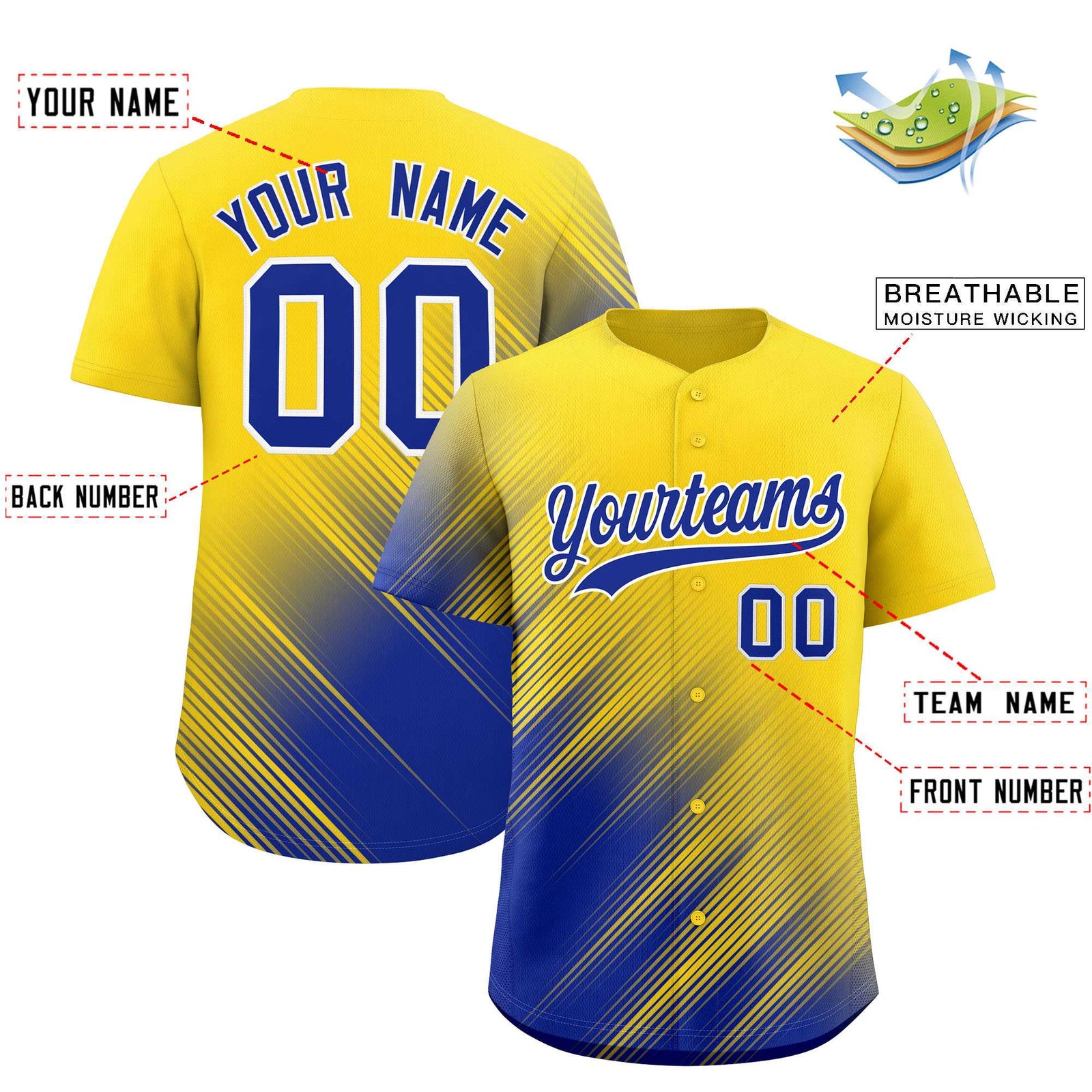 Custom Gold Royal Diagonal Stripe Personalized Gradient Fashion Baseball Jersey