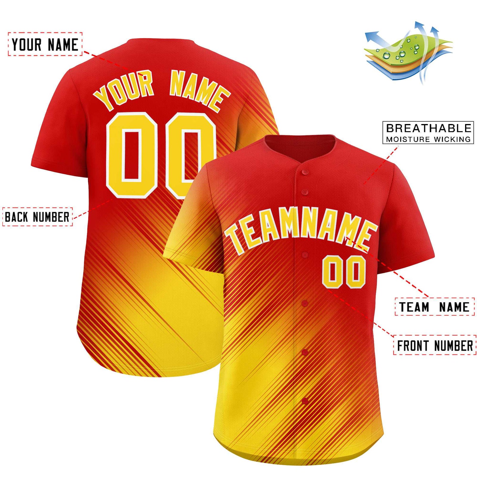 Custom Red Gold Diagonal Stripe Personalized Gradient Fashion Baseball Jersey