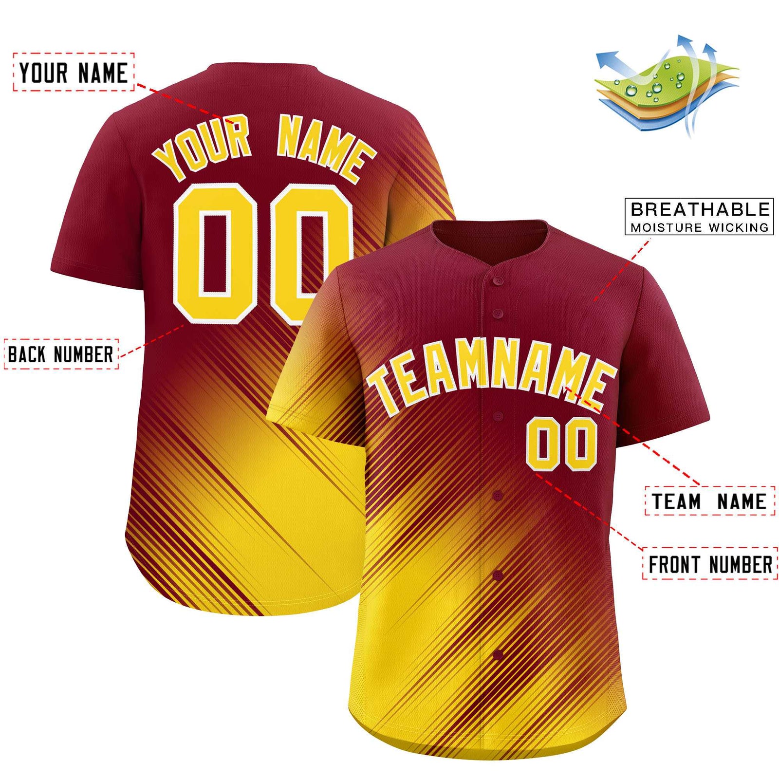 Custom Crimson Gold Diagonal Stripe Personalized Gradient Fashion Baseball Jersey