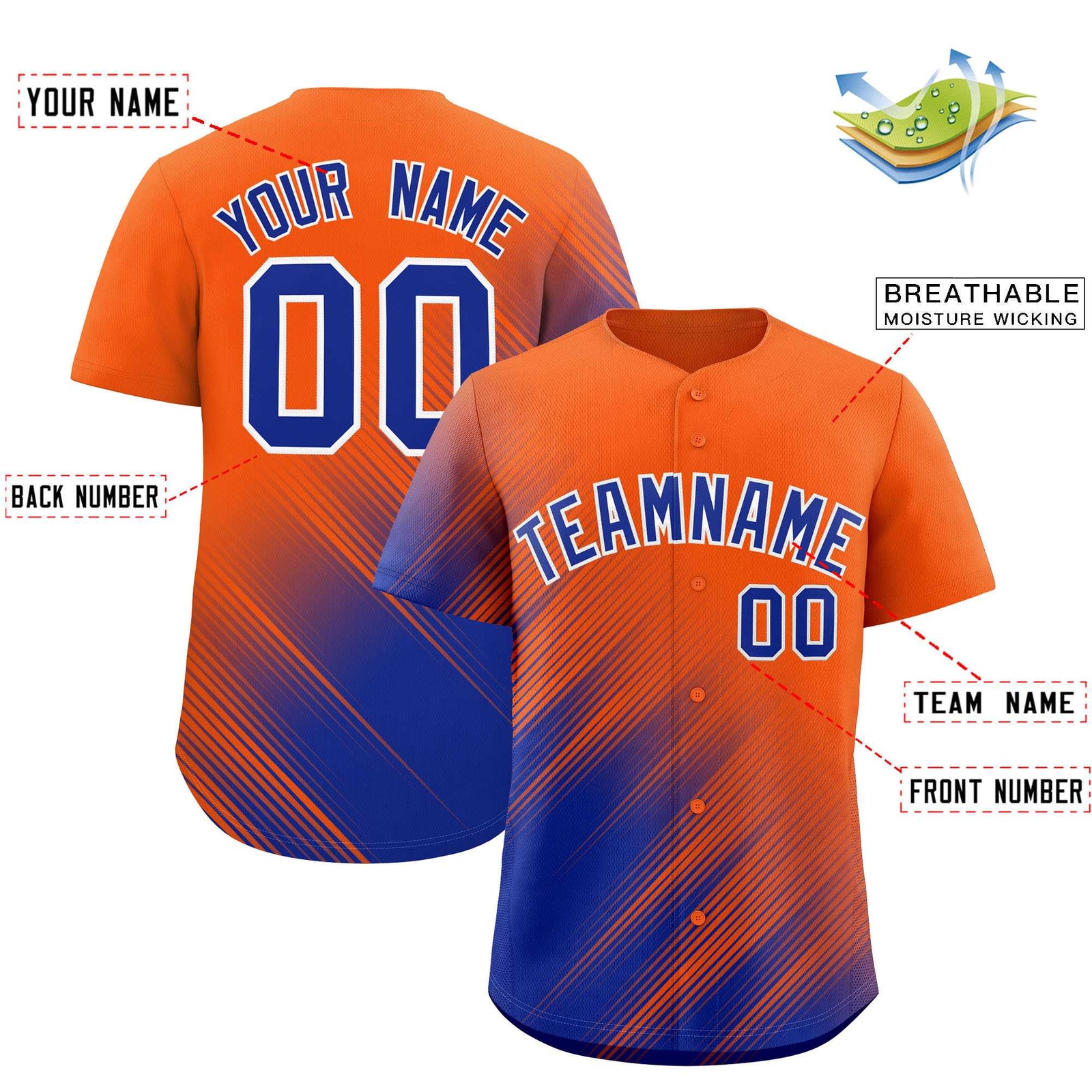 Custom Orange Royal Diagonal Stripe Personalized Gradient Fashion Baseball Jersey