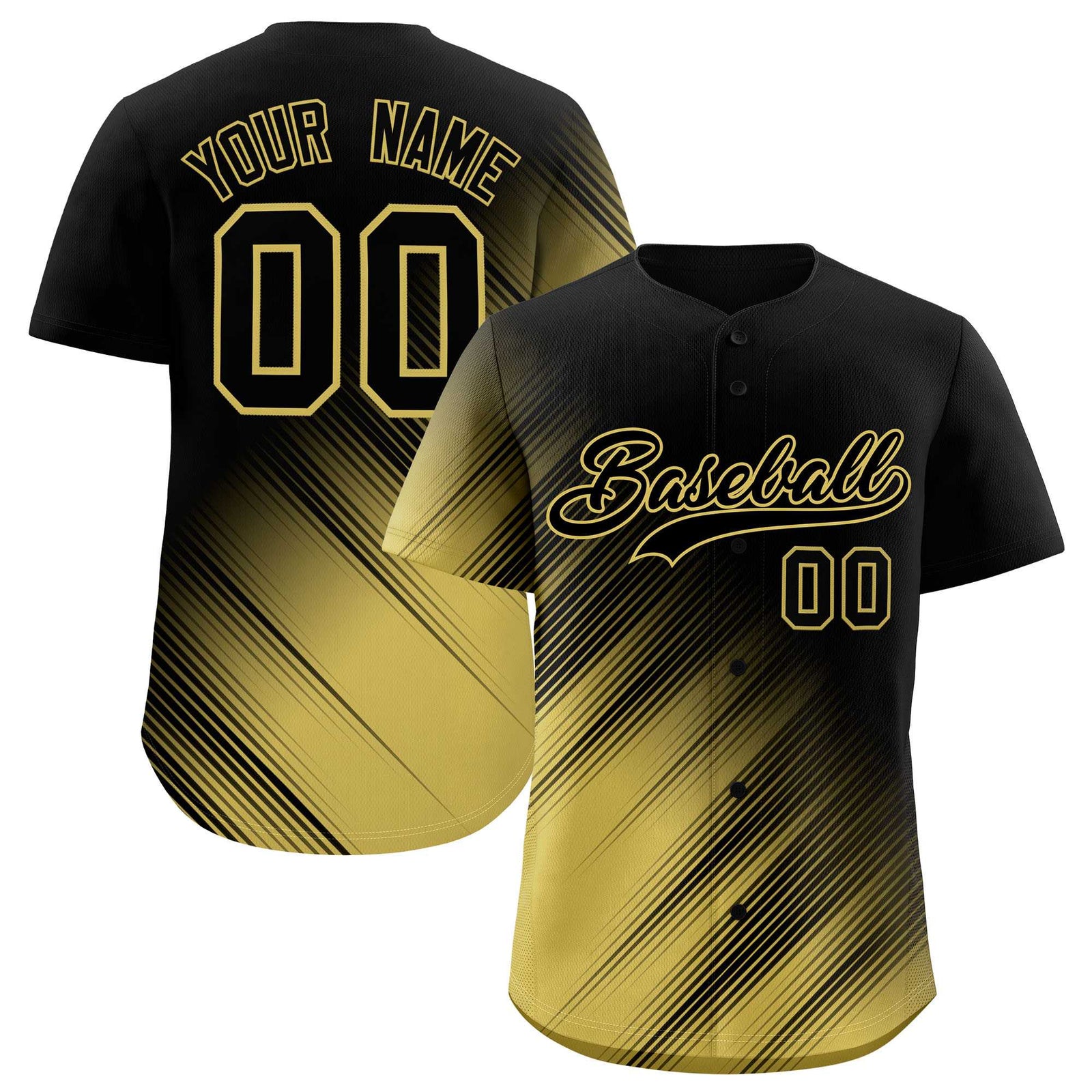 Custom Black Old Gold Diagonal Stripe Personalized Gradient Fashion Baseball Jersey