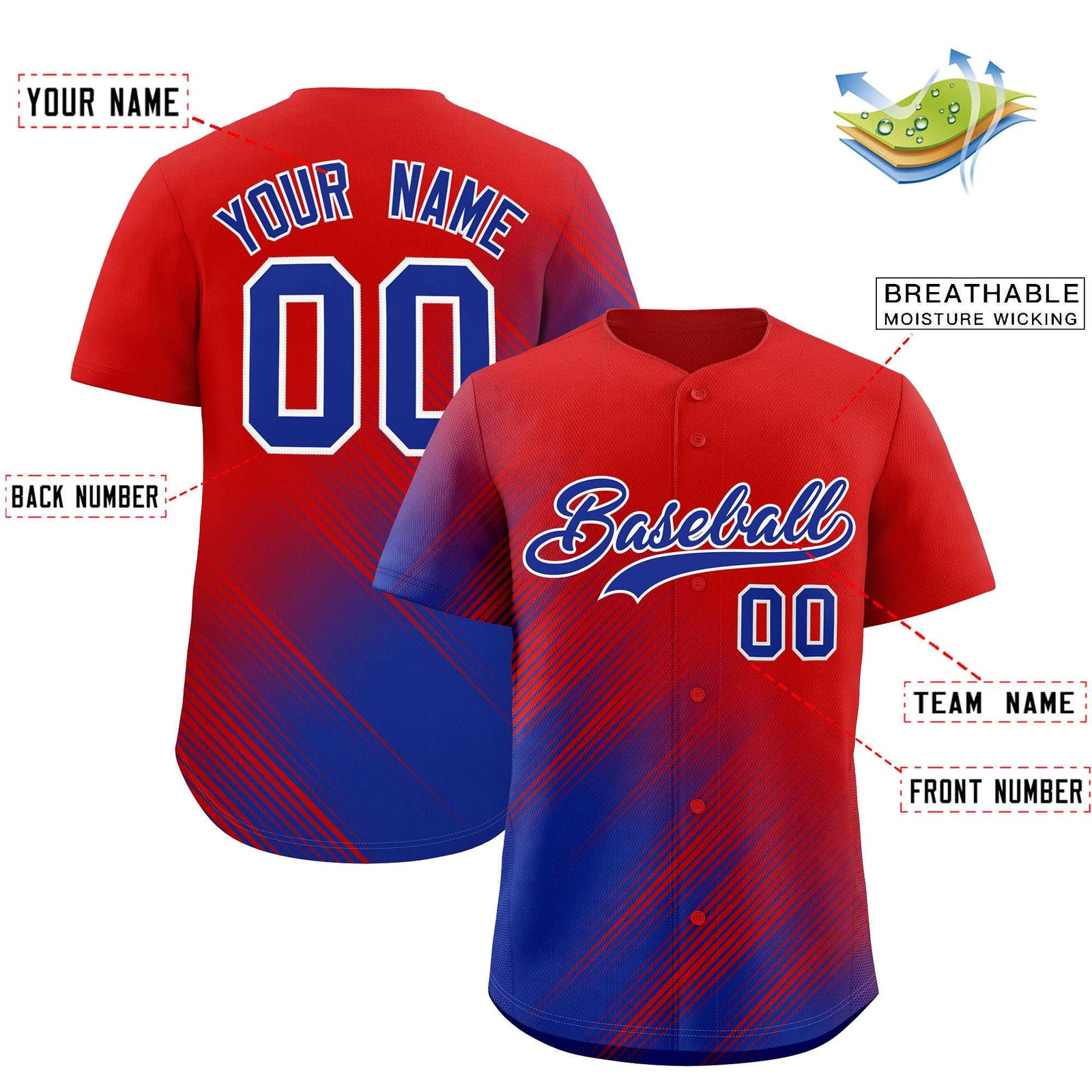 Custom Red Royal Diagonal Stripe Personalized Gradient Fashion Baseball Jersey