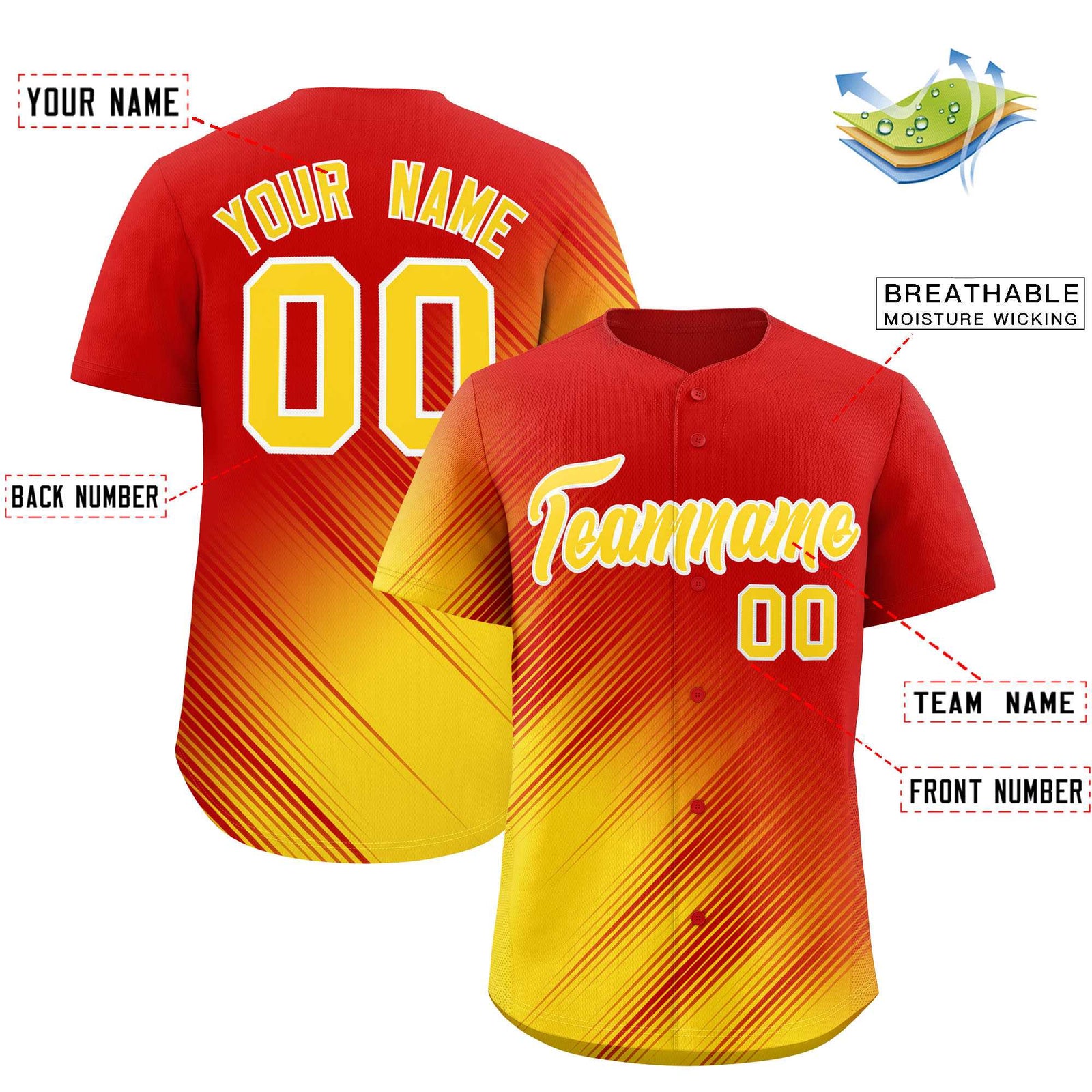Custom Red Gold Diagonal Stripe Personalized Gradient Fashion Baseball Jersey