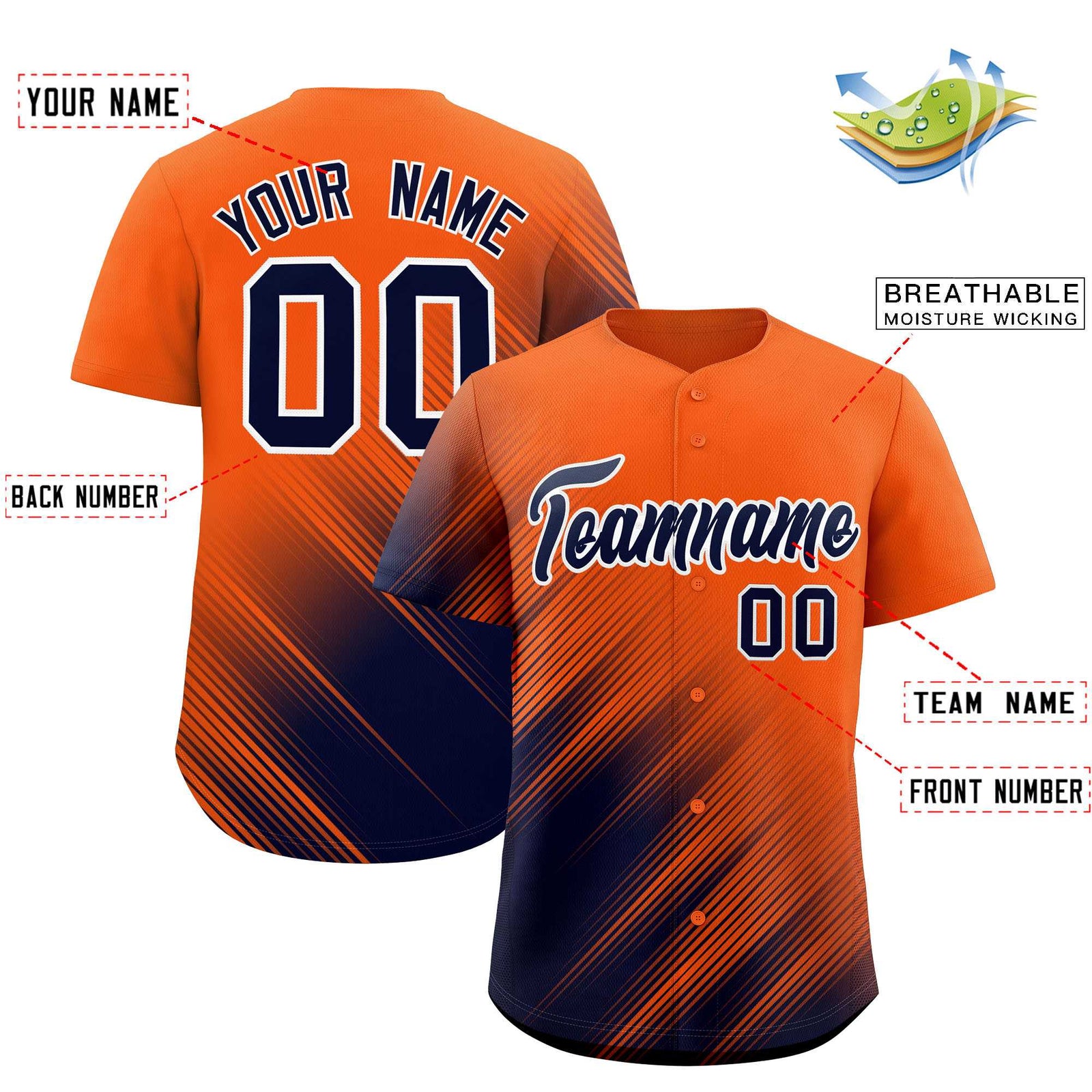 Custom Orange Navy Diagonal Stripe Personalized Gradient Fashion Baseball Jersey