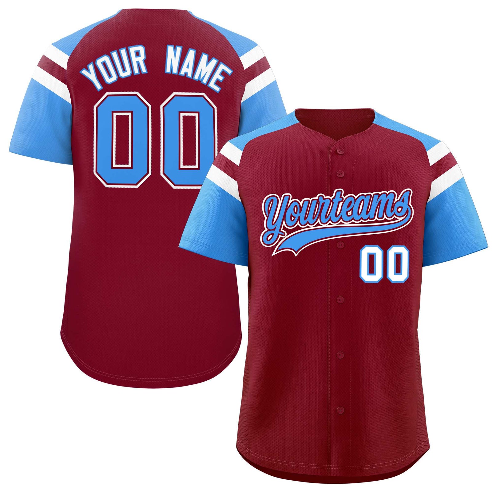 Custom Crimson Powder Blue Contrast Raglan Sleeves Authentic Baseball Jersey