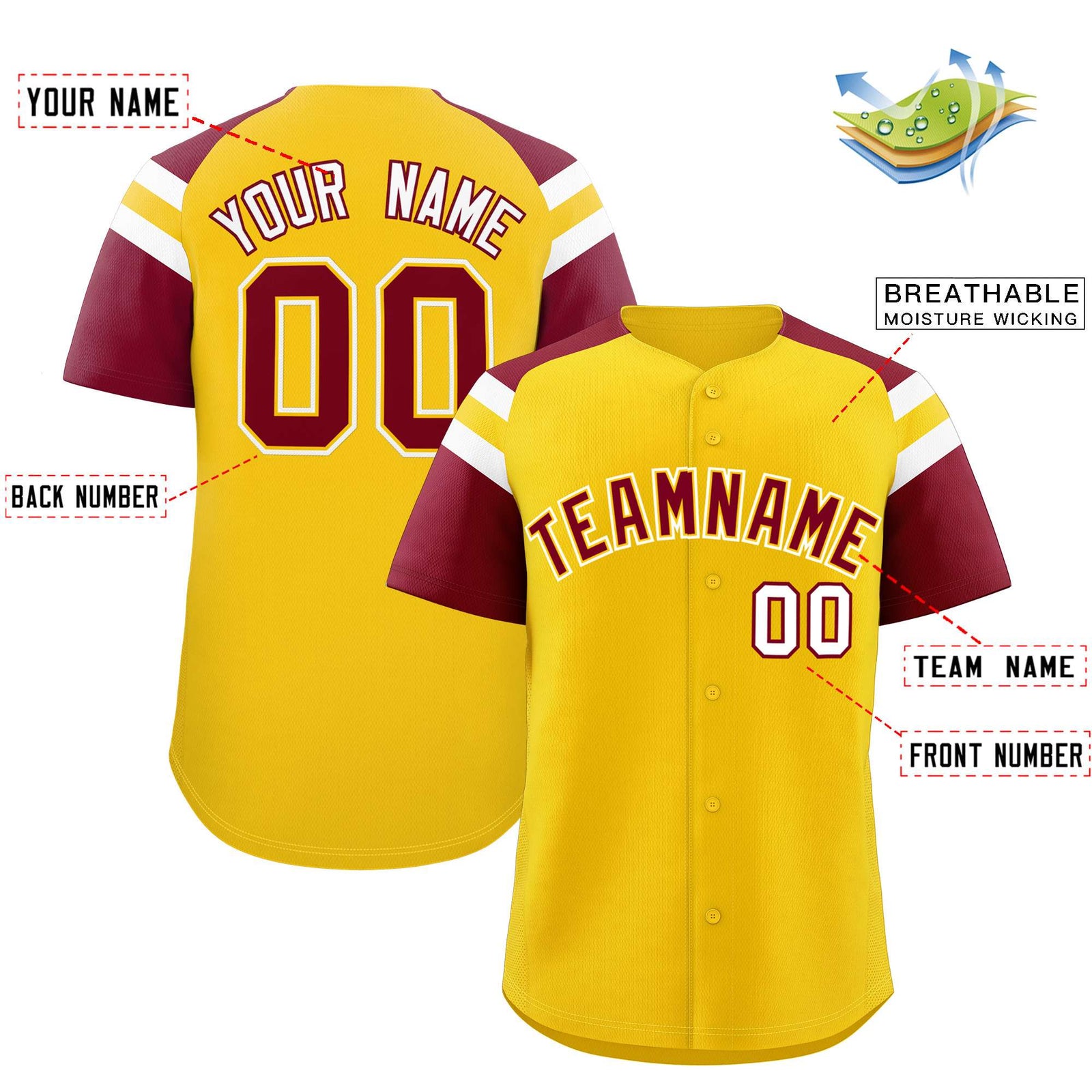 Custom Gold Crimson Contrast Raglan Sleeves Authentic Baseball Jersey