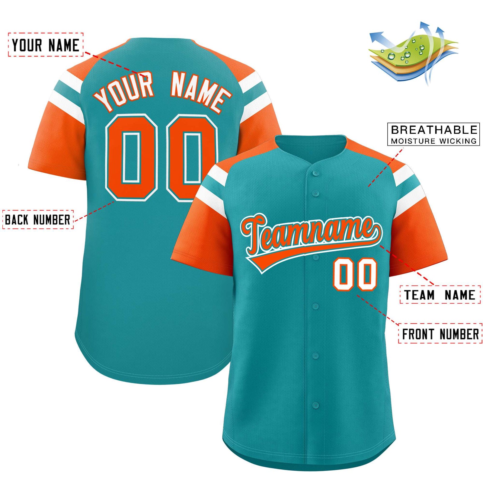 Custom Aqua Orange Contrast Raglan Sleeves Authentic Baseball Jersey