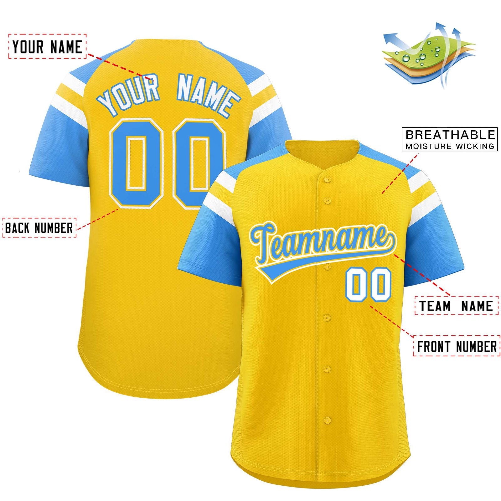 Custom Gold Powder Blue Contrast Raglan Sleeves Authentic Baseball Jersey