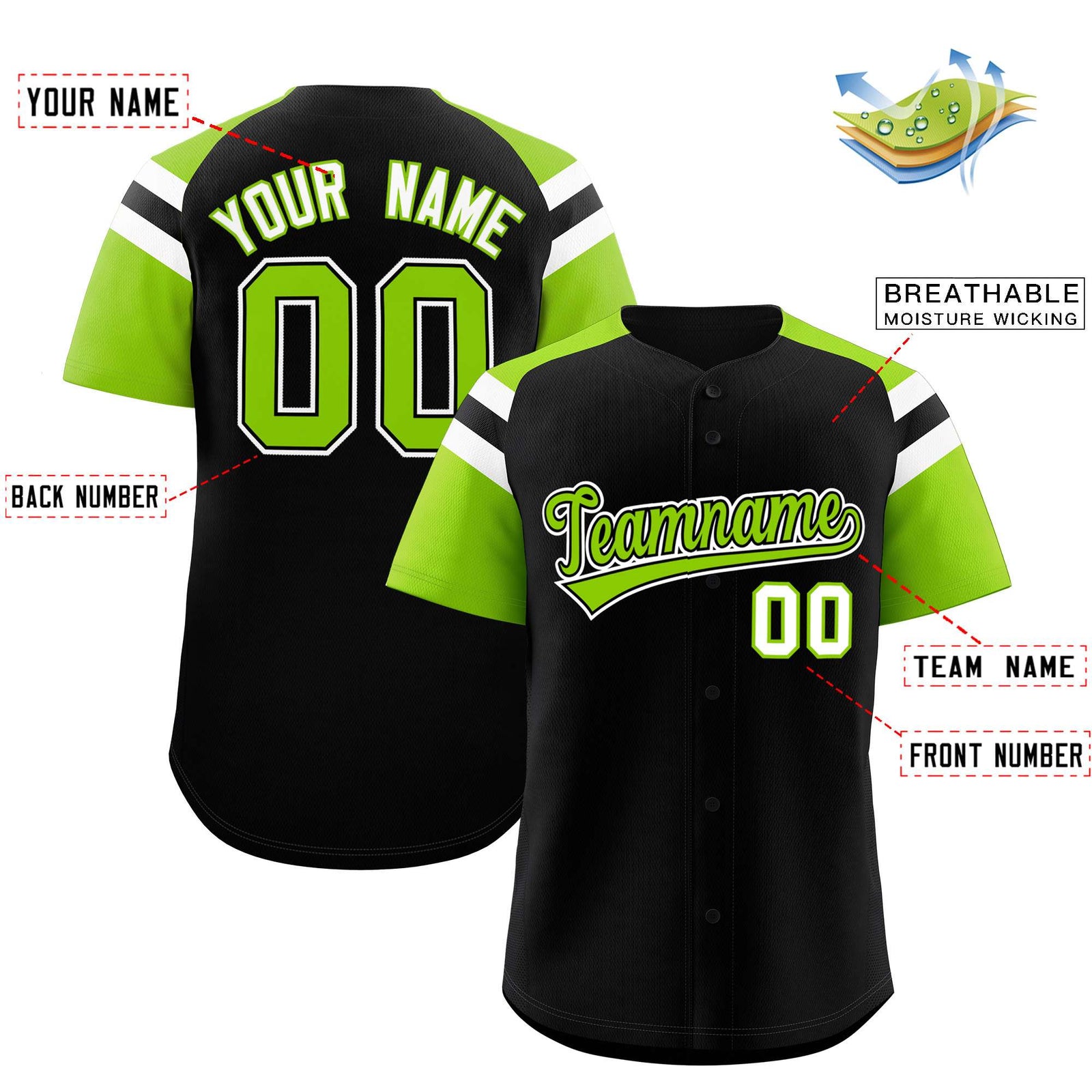 Custom Black Neon Green Contrast Raglan Sleeves Authentic Baseball Jersey