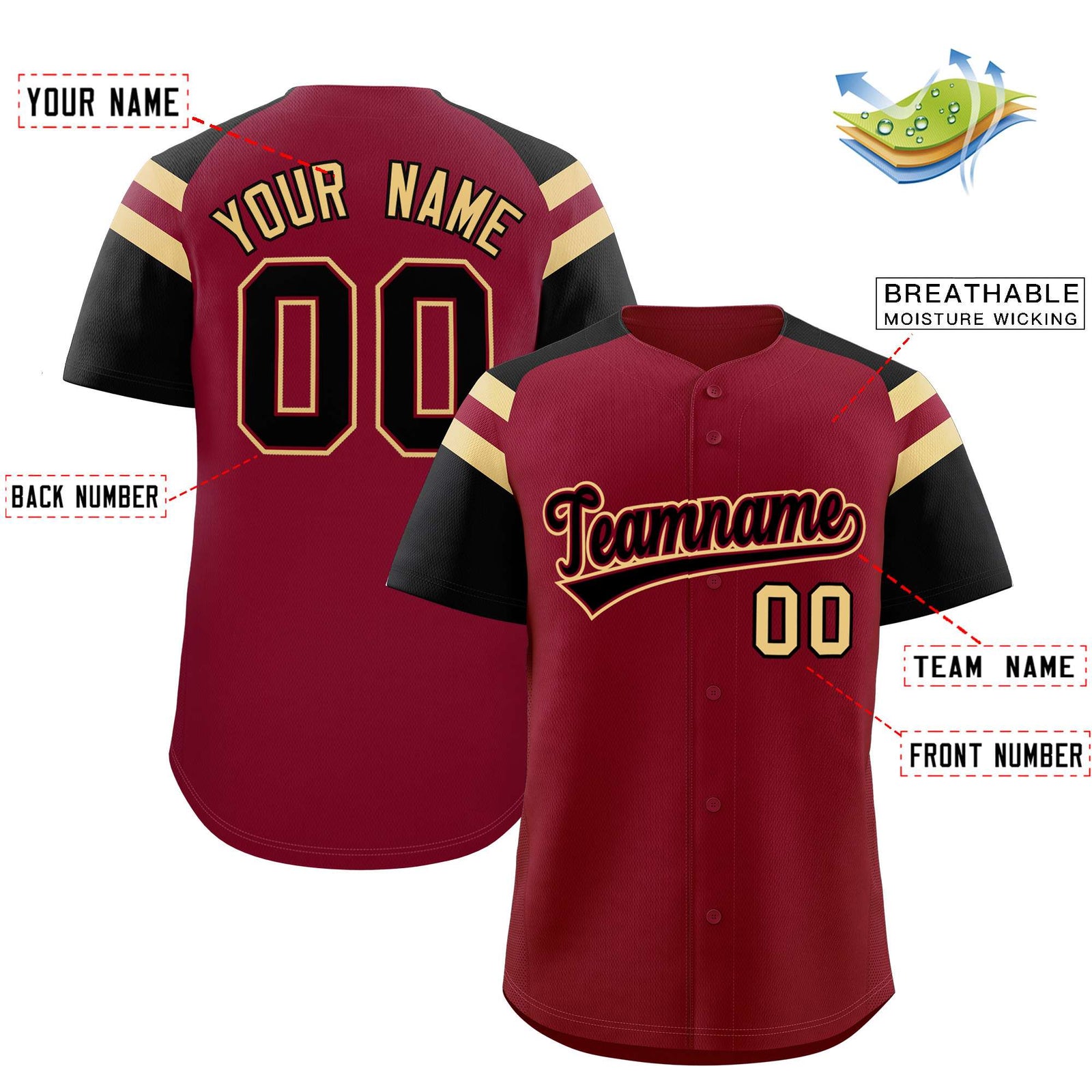 Custom Crimson Black Contrast Raglan Sleeves Authentic Baseball Jersey