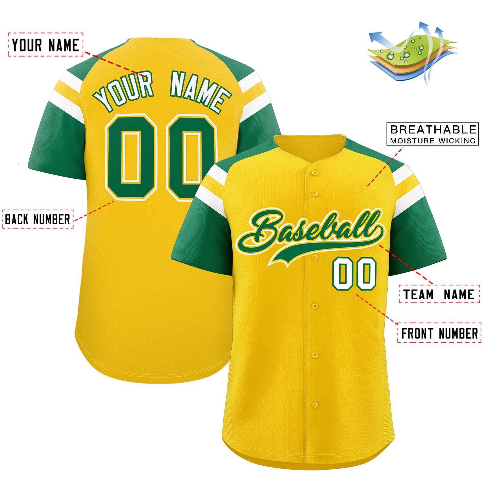 Custom Gold Kelly Green Contrast Raglan Sleeves Authentic Baseball Jersey