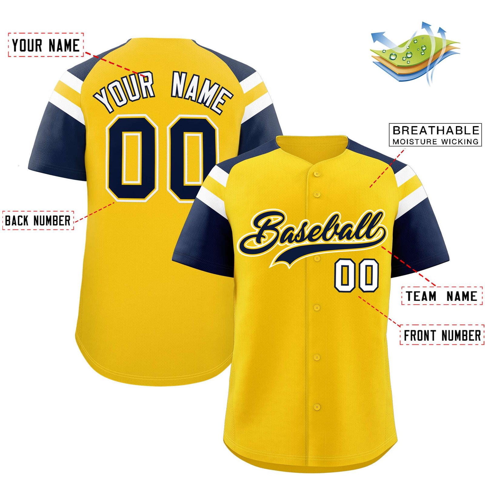 Custom Gold Navy Contrast Raglan Sleeves Authentic Baseball Jersey