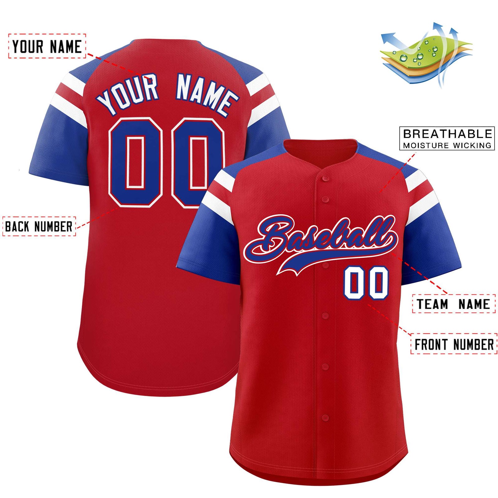 Custom Red Royal Contrast Raglan Sleeves Authentic Baseball Jersey