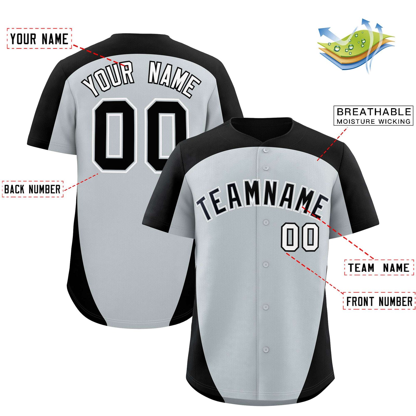 Custom Silver Black Personalized Edge Color Block Authentic Baseball Jersey