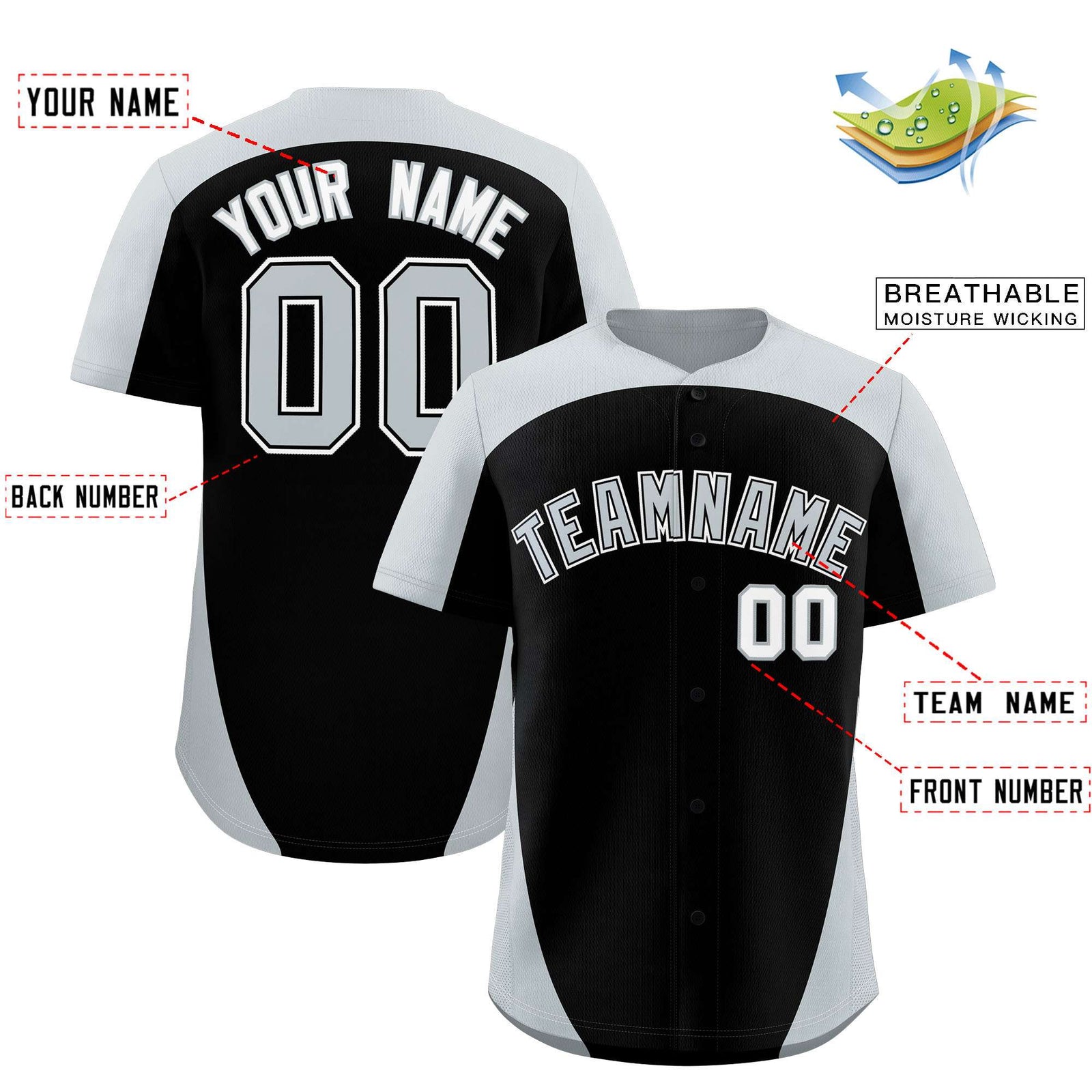 Custom Black Silver Personalized Edge Color Block Authentic Baseball Jersey
