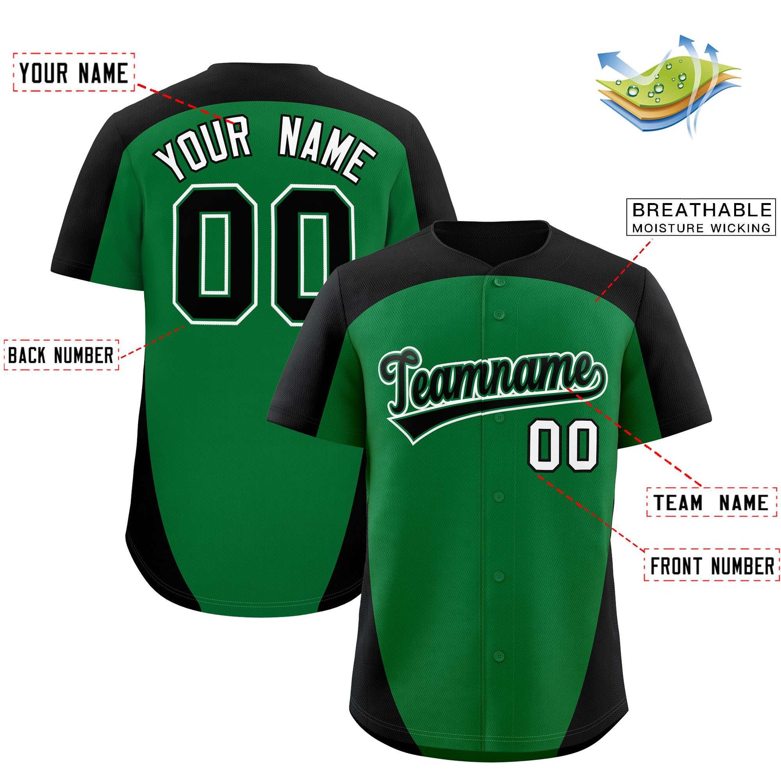 Custom Kelly Green Black Personalized Edge Color Block Authentic Baseball Jersey