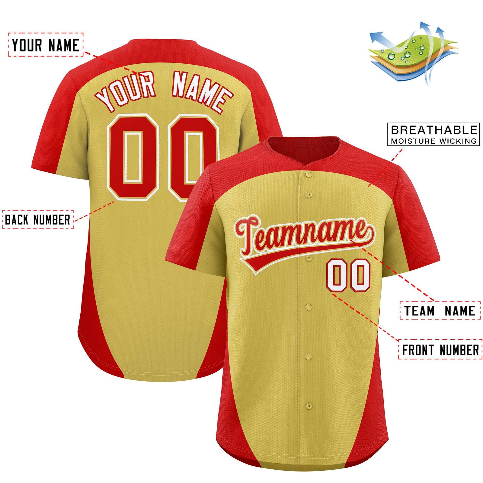 Custom Old Gold Red Personalized Edge Color Block Authentic Baseball Jersey
