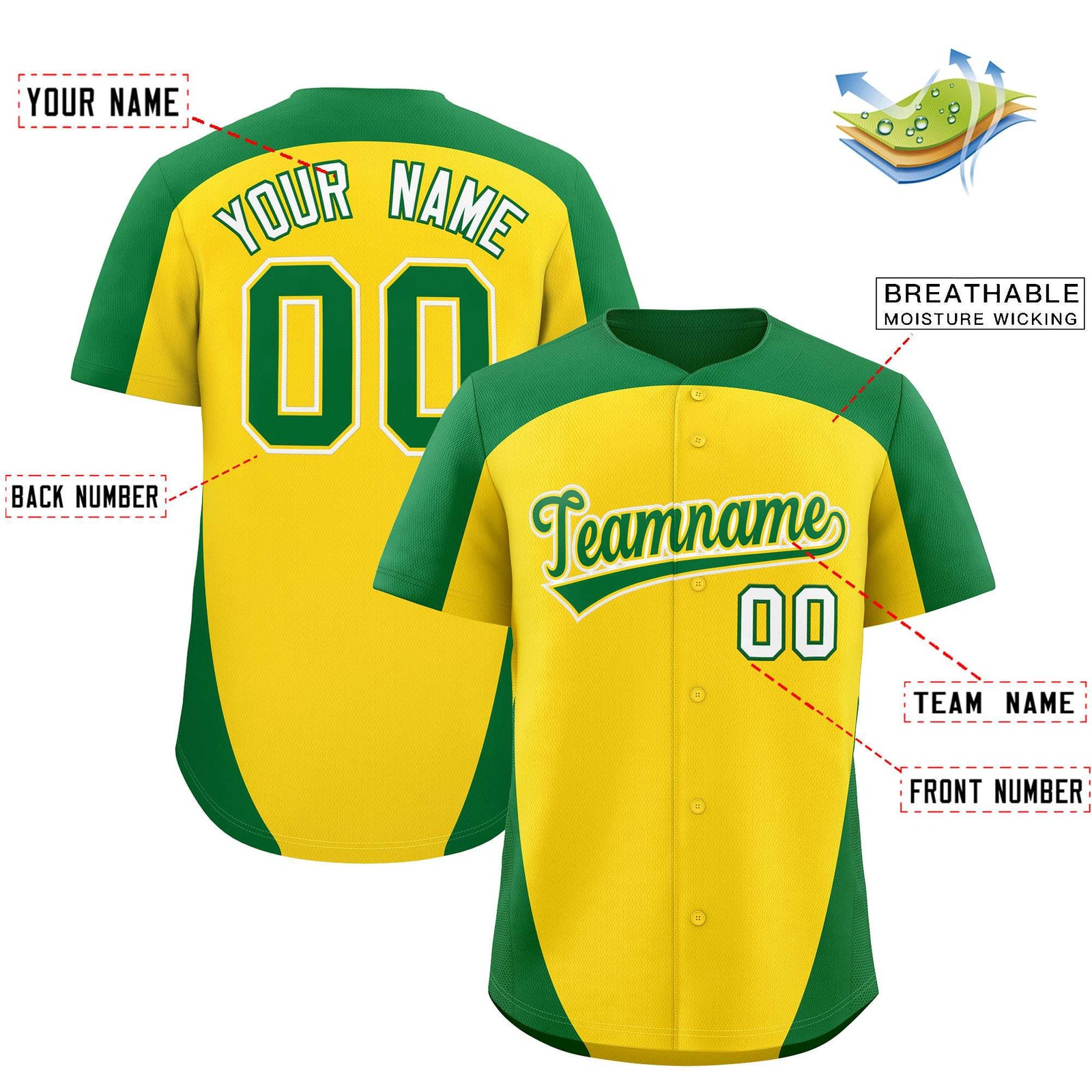 Custom Gold Kelly Green Personalized Edge Color Block Authentic Baseball Jersey