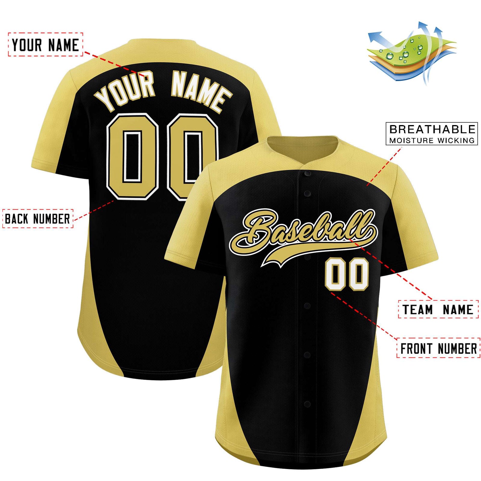Custom Black Old Gold Personalized Edge Color Block Authentic Baseball Jersey