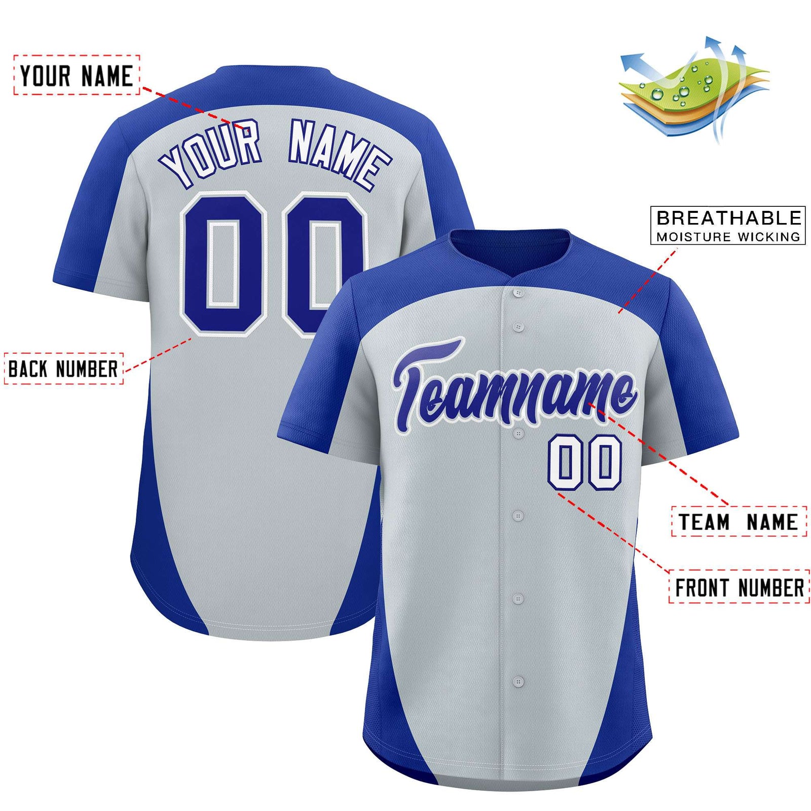 Custom Silver Royal Personalized Edge Color Block Authentic Baseball Jersey