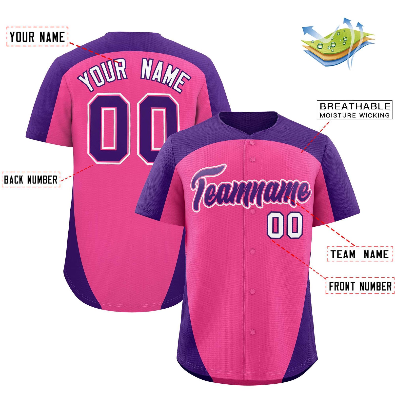Custom Pink Purple Personalized Edge Color Block Authentic Baseball Jersey