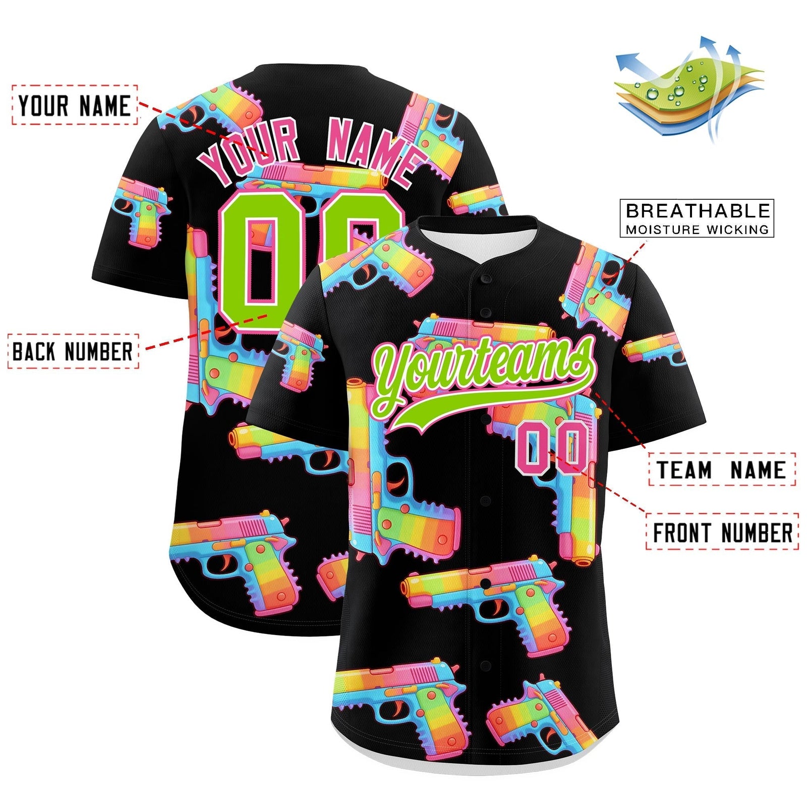 Custom Youth Baseball Jersey Black Neon Green Sugar-Coated Firepower Graffiti Pattern Street Style