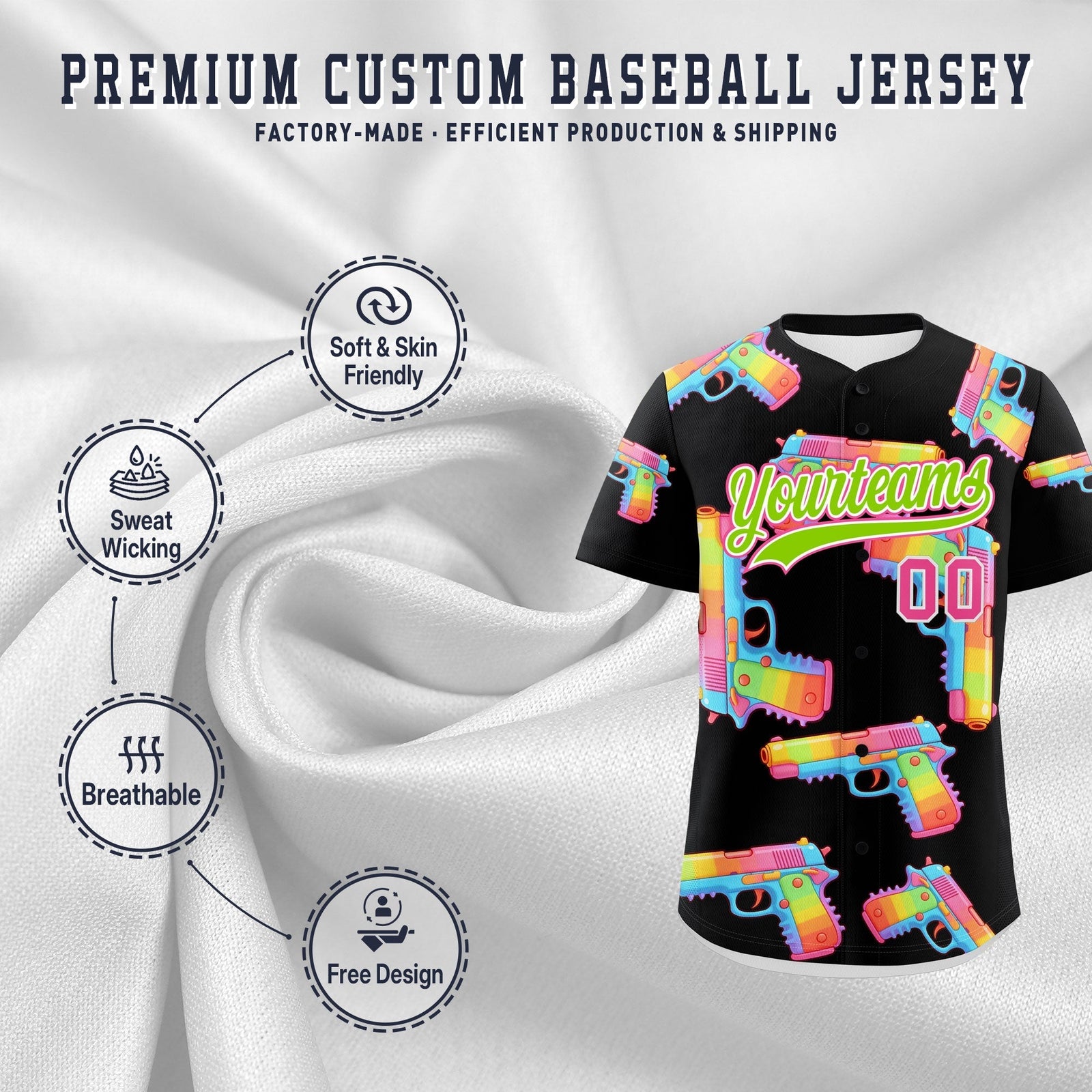 Custom Youth Baseball Jersey Black Neon Green Sugar-Coated Firepower Graffiti Pattern Street Style