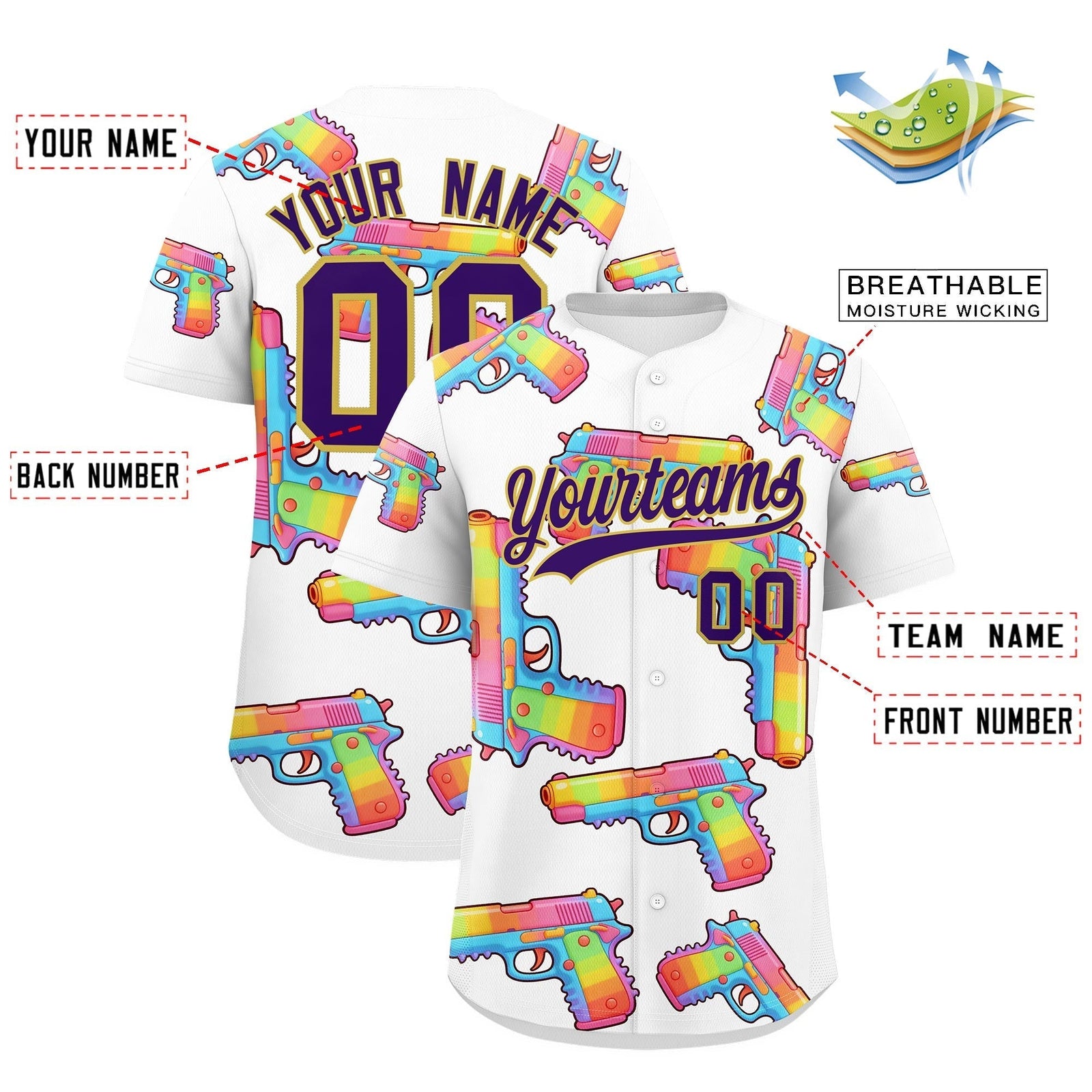 Custom Youth Baseball Jersey White Purple Sugar-Coated Firepower Graffiti Pattern Street Style