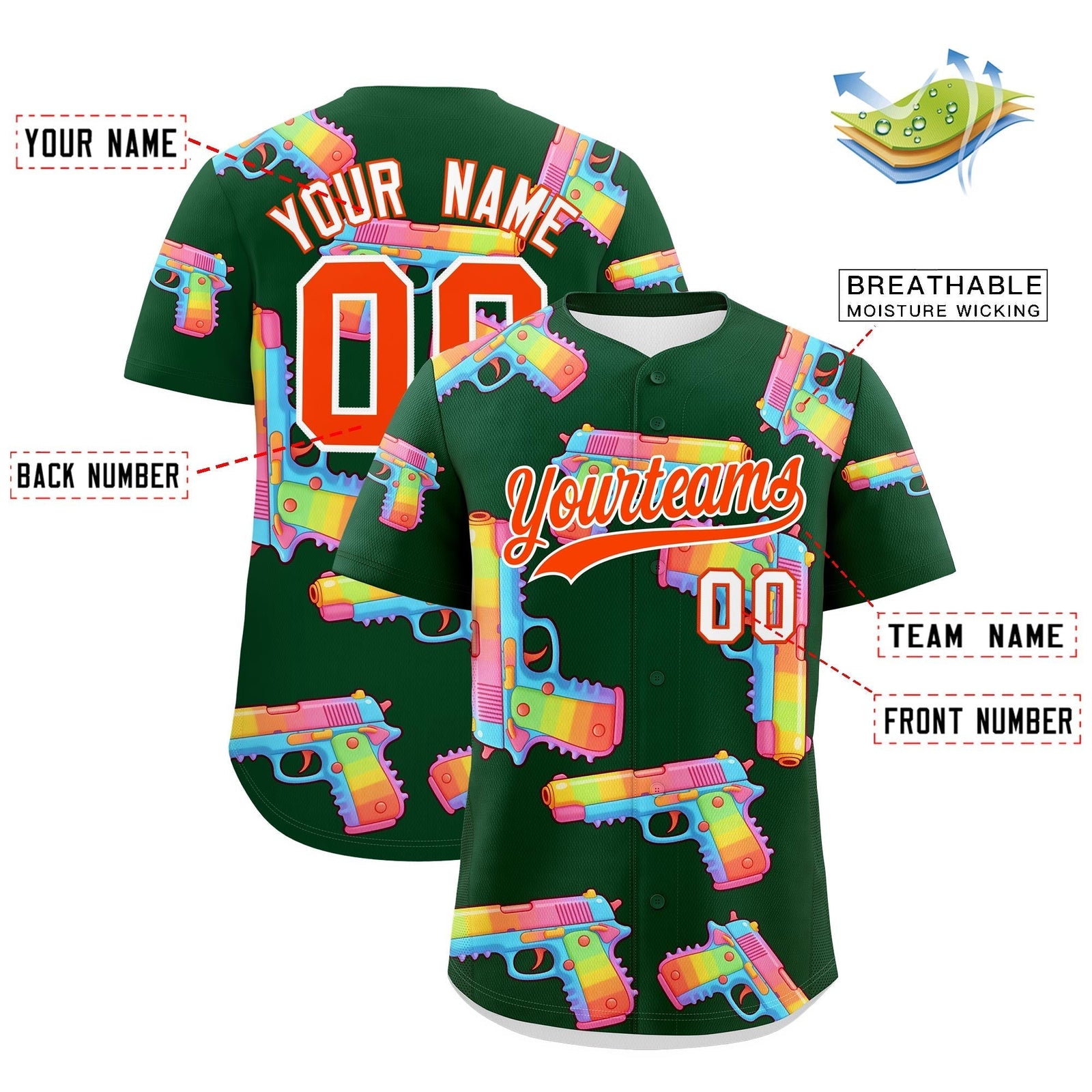 Custom Youth Baseball Jersey Dark Green Orange Sugar-Coated Firepower Graffiti Pattern Hip-hop