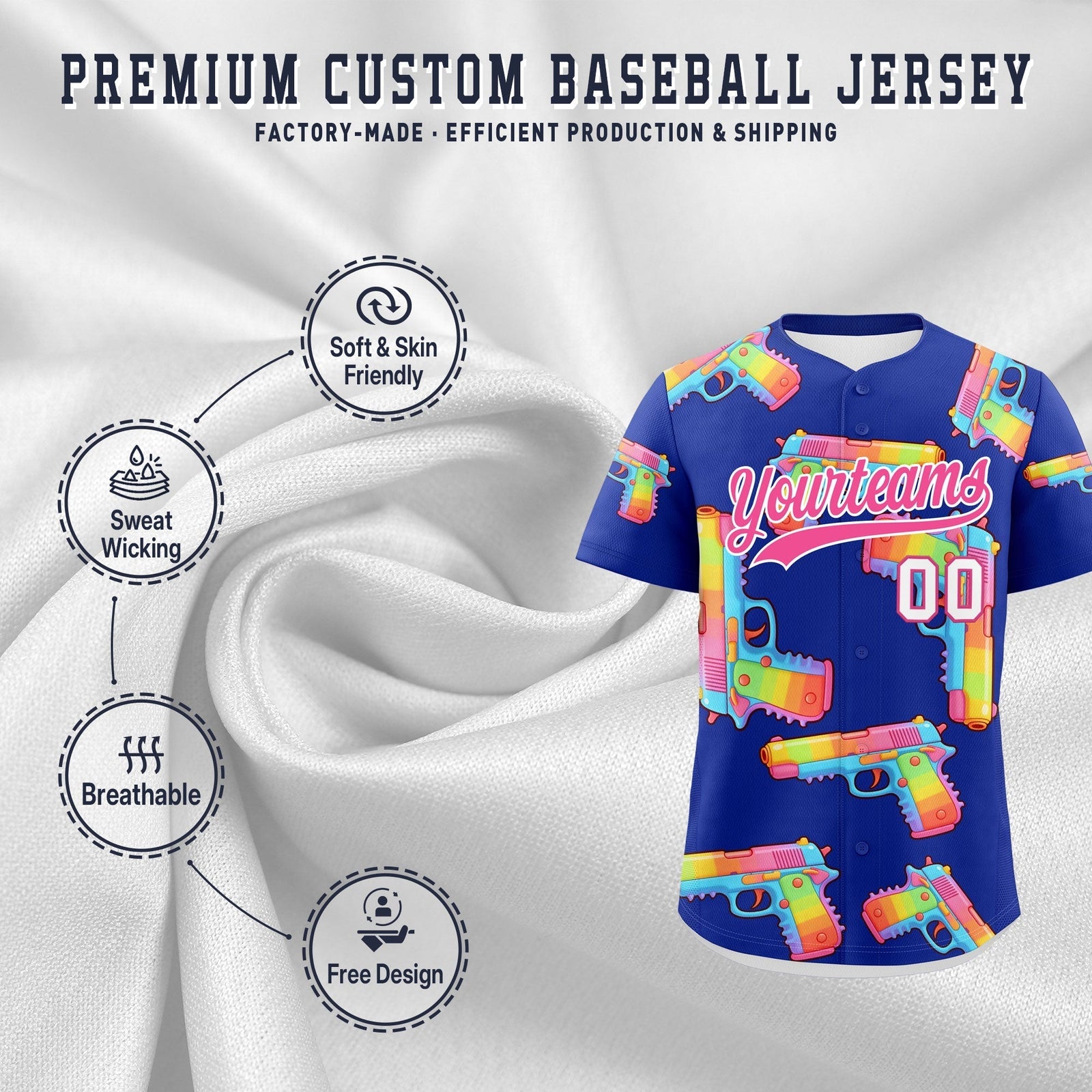 Custom Youth Baseball Jersey Royal Blue Pink Sugar-Coated Firepower Graffiti Pattern Urban Fashion