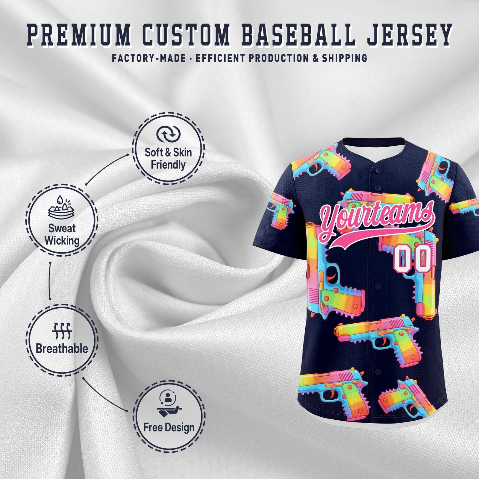 Custom Youth Baseball Jersey Navy Pink Sugar-Coated Firepower Graffiti Pattern Street Style