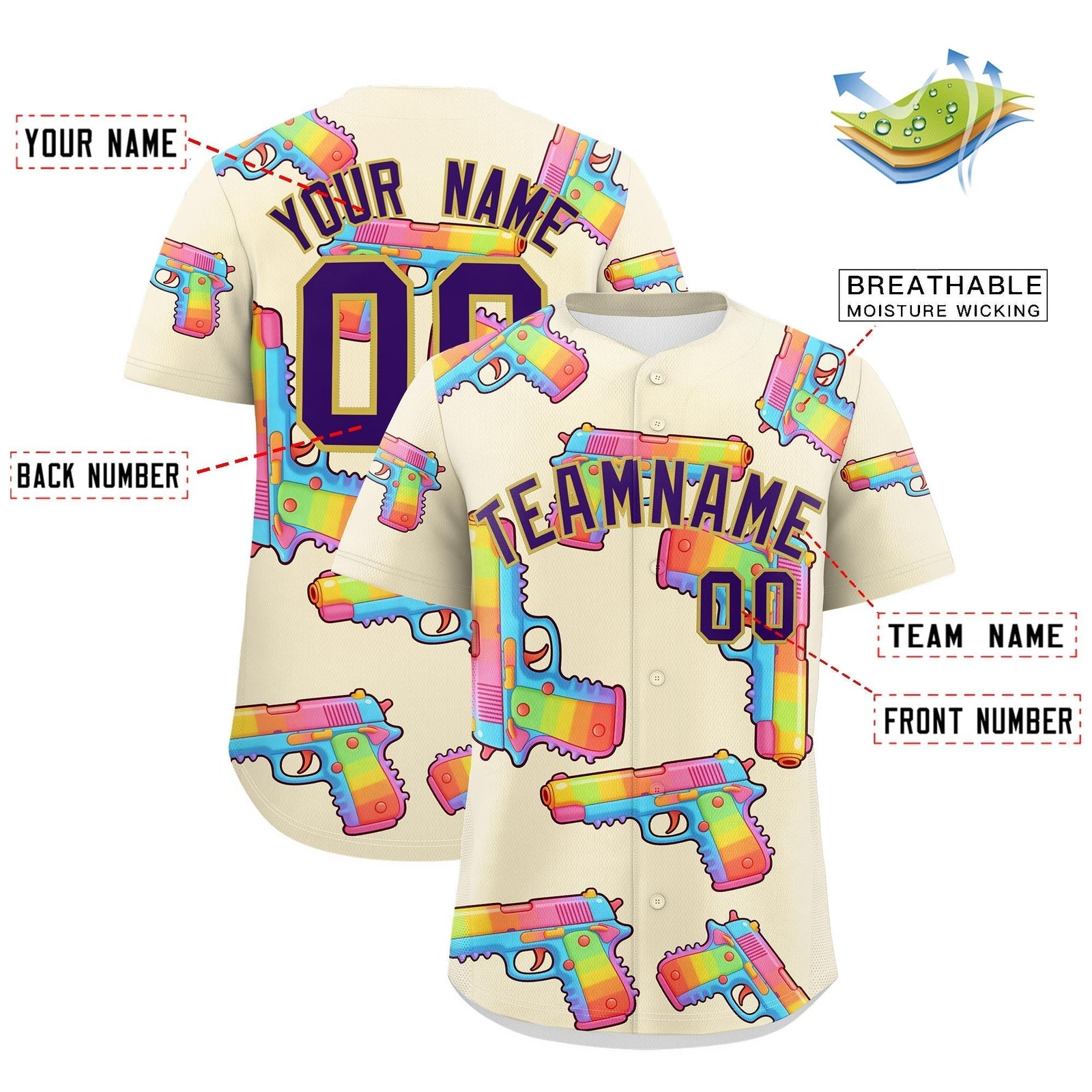 Custom Youth Baseball Jersey Cream Purple Sugar-Coated Firepower Graffiti Pattern Street Style