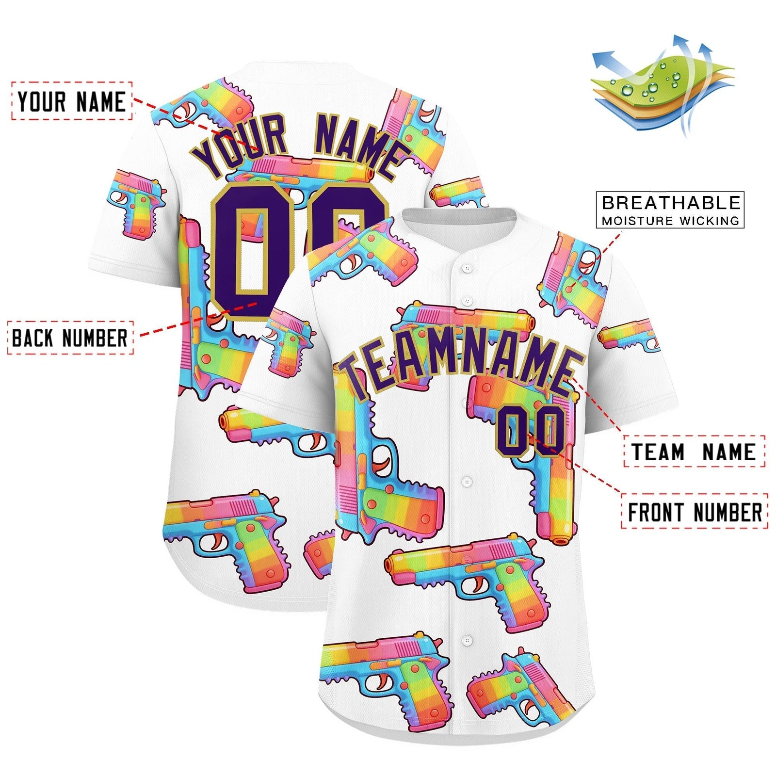 Custom Youth Baseball Jersey White Purple Sugar-Coated Firepower Graffiti Pattern Street Style